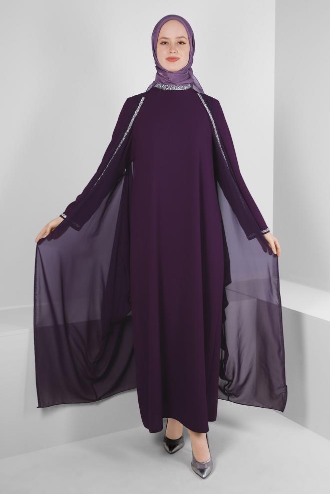 Vêtements hijab PRUNE ROBE DE SOIRÉE 2 PIÈCES BRODÉES DE GEMMES AVEC CAPE 50384 - ALVİNA