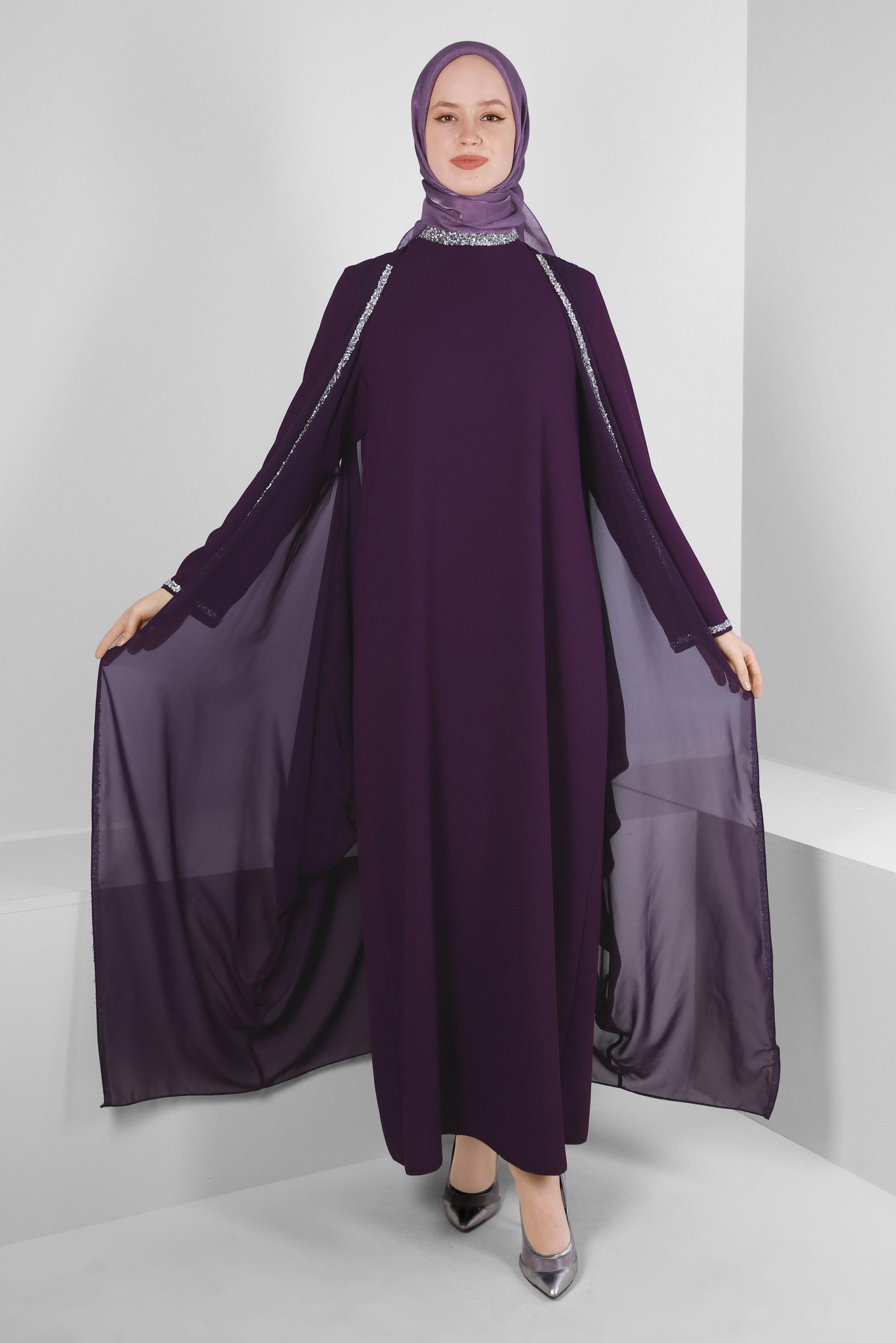 Tesettür giyim MÜRDÜM TAŞ İŞLEMELİ DETAYLI PELERİNLİ İKİLİ ABİYE ELBİSE 50384