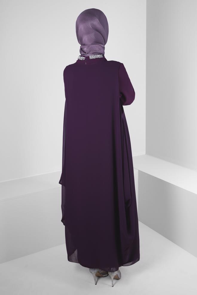 Vêtements hijab PRUNE ROBE DE SOIRÉE 2 PIÈCES BRODÉES DE GEMMES AVEC CAPE 50384 - ALVİNA