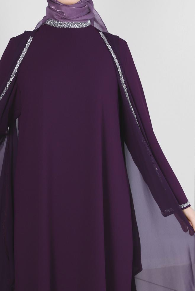 Vêtements hijab PRUNE ROBE DE SOIRÉE 2 PIÈCES BRODÉES DE GEMMES AVEC CAPE 50384 - ALVİNA