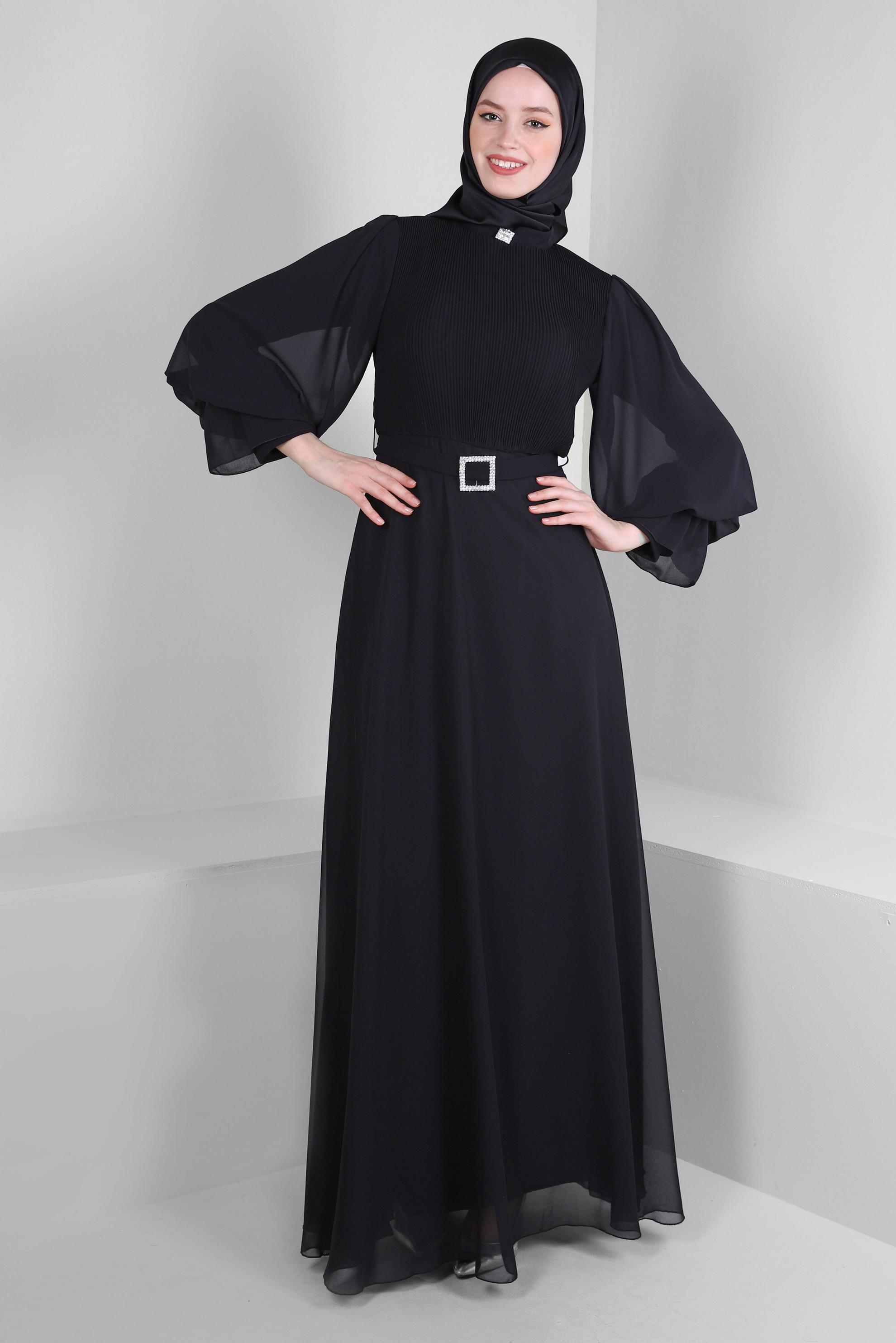 Tesettür giyim SİYAH BALON KOL KEMERLİ ŞİFON ABİYE ELBİSE 50387 