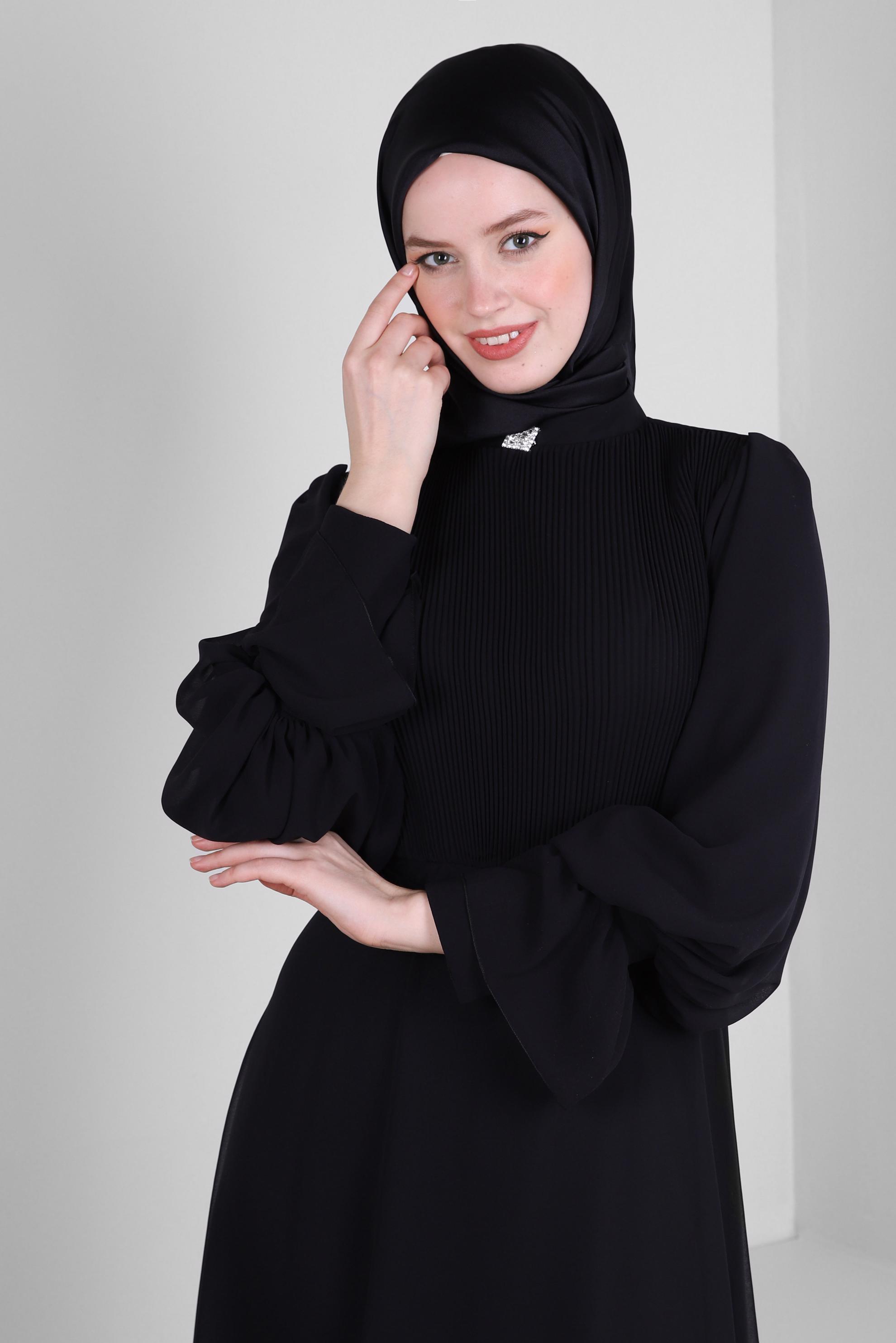 Tesettür giyim SİYAH BALON KOL KEMERLİ ŞİFON ABİYE ELBİSE 50387 