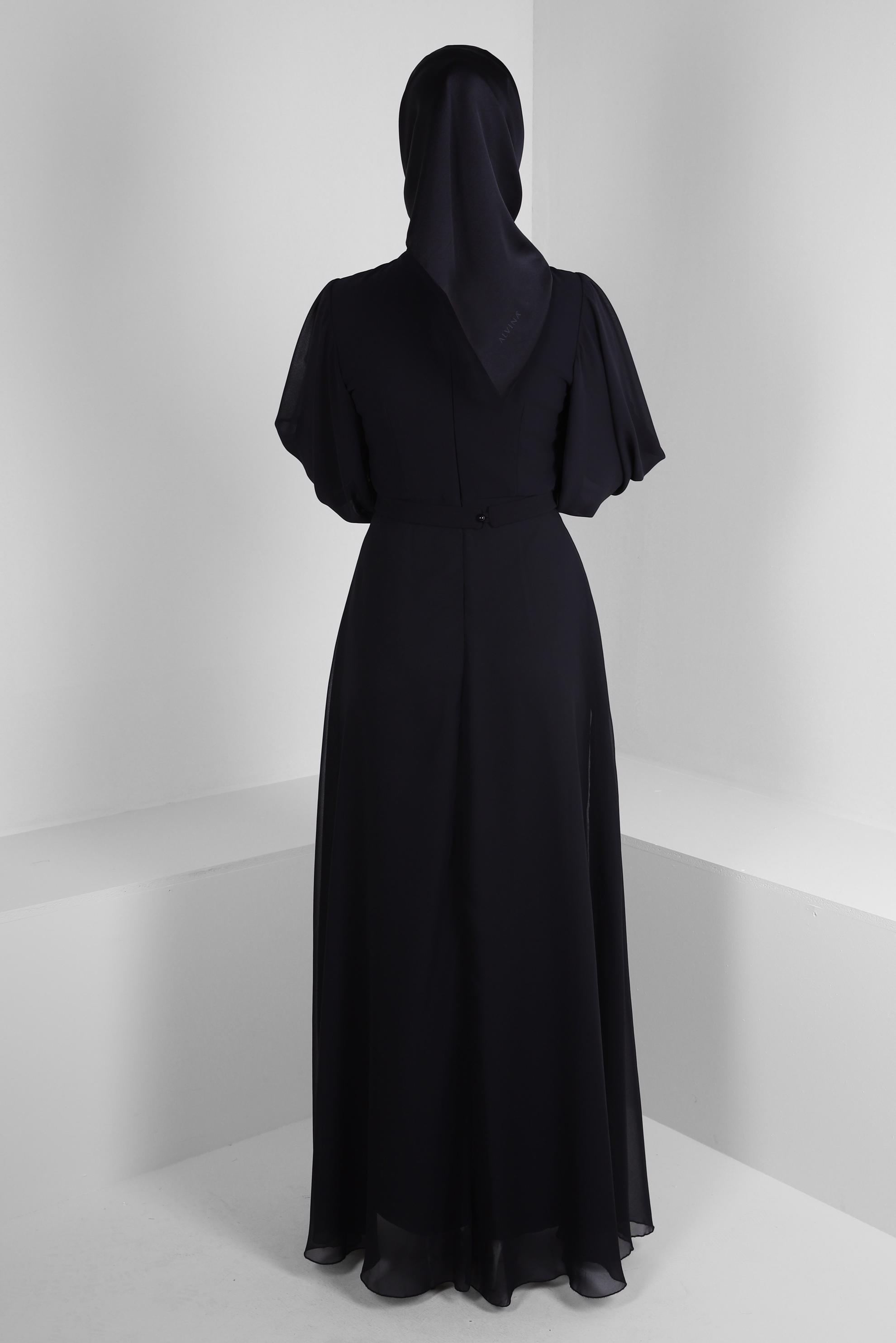 Tesettür giyim SİYAH BALON KOL KEMERLİ ŞİFON ABİYE ELBİSE 50387 