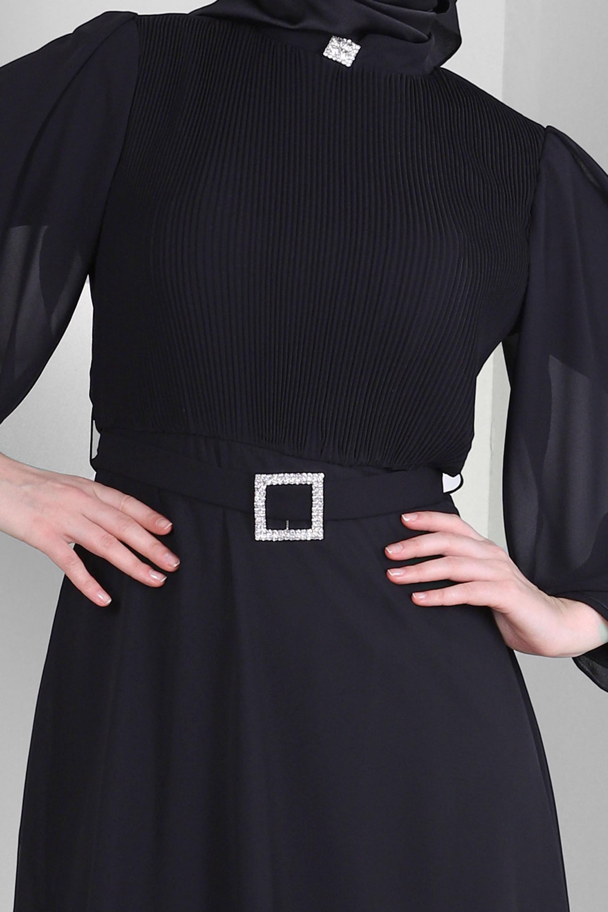 Tesettür giyim SİYAH BALON KOL KEMERLİ ŞİFON ABİYE ELBİSE 50387 