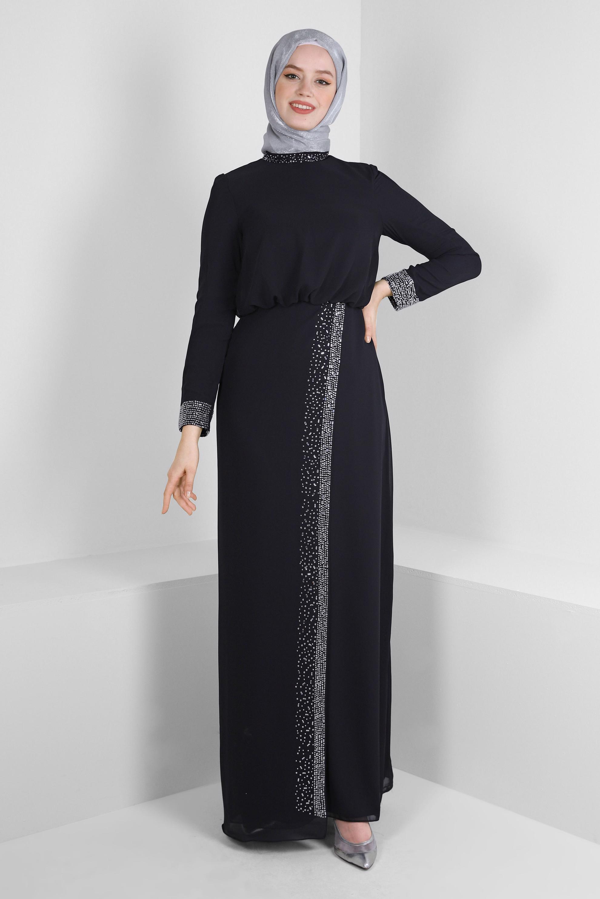 Tesettür giyim SİYAH TAŞ İŞLEMELİ ŞİFON ABİYE ELBİSE 50388