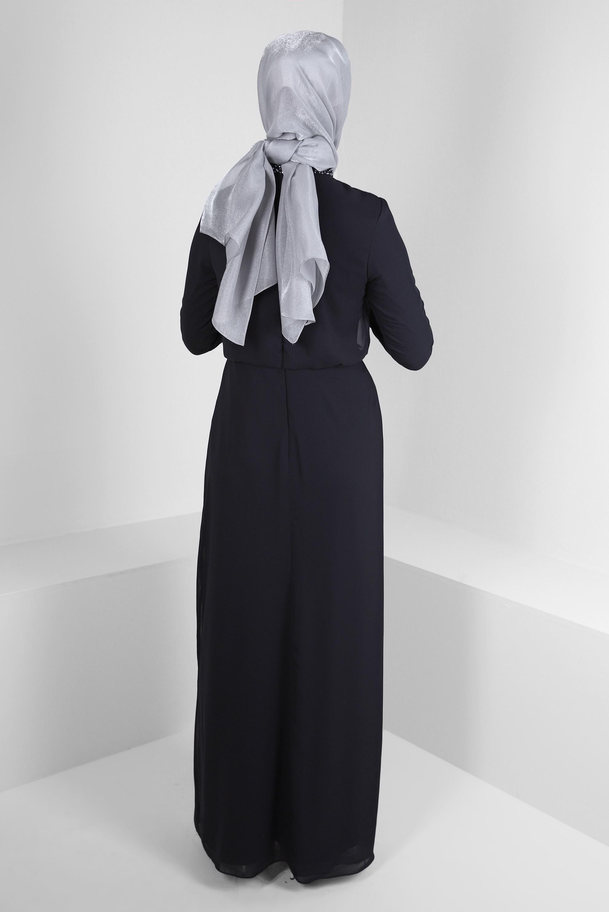 Tesettür giyim SİYAH TAŞ İŞLEMELİ ŞİFON ABİYE ELBİSE 50388