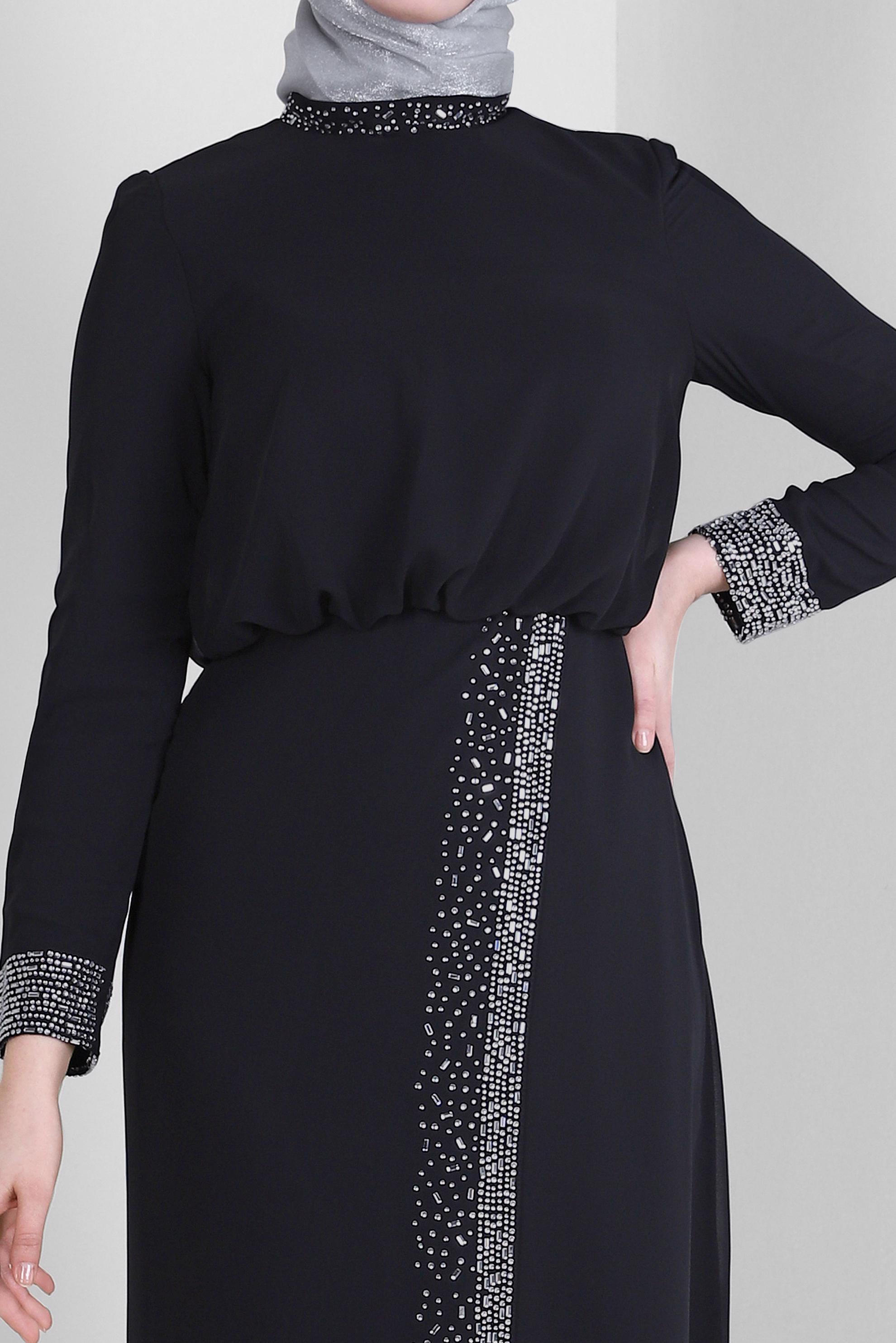 Tesettür giyim SİYAH TAŞ İŞLEMELİ ŞİFON ABİYE ELBİSE 50388