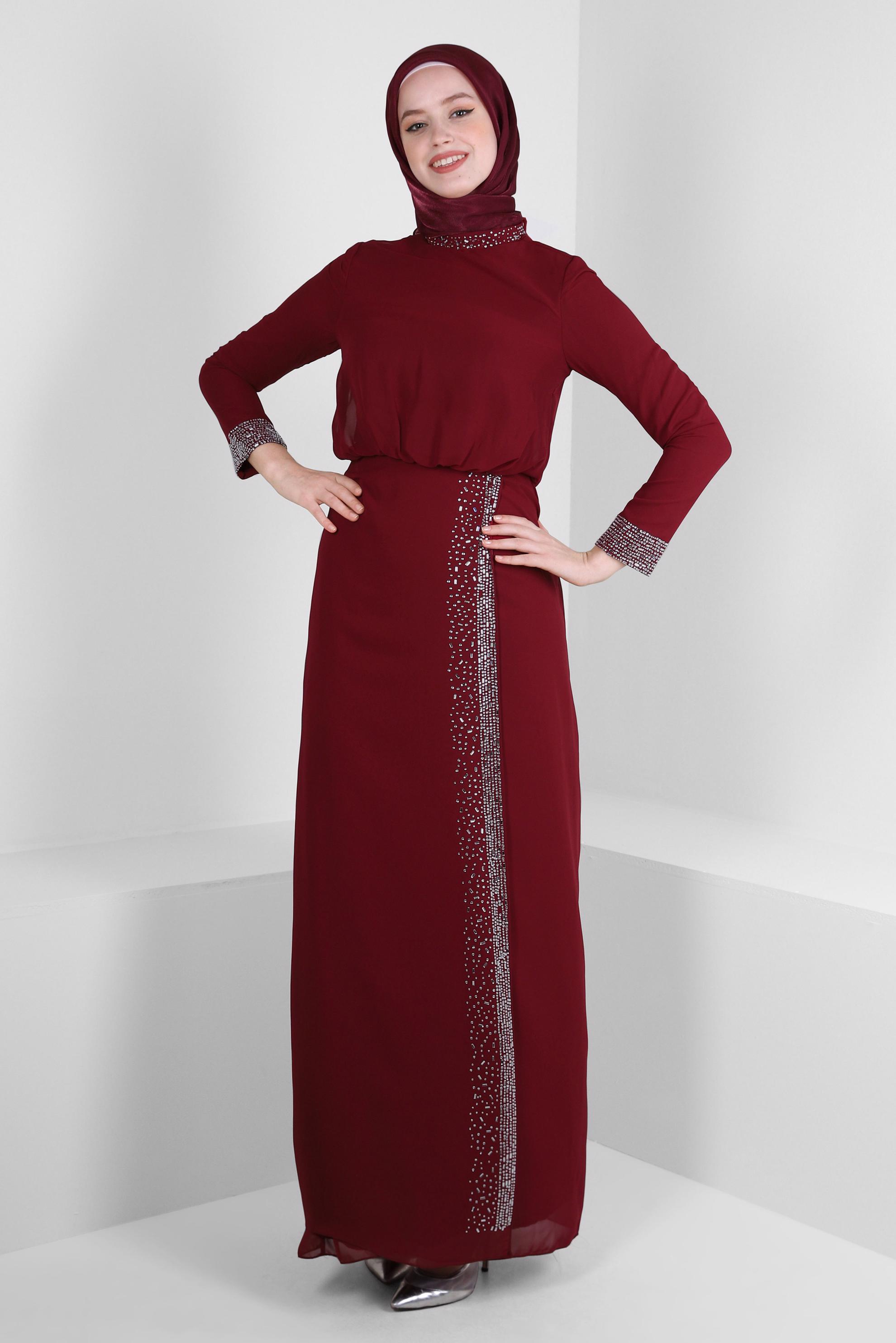 Tesettür giyim BORDO TAŞ İŞLEMELİ ŞİFON ABİYE ELBİSE 50388