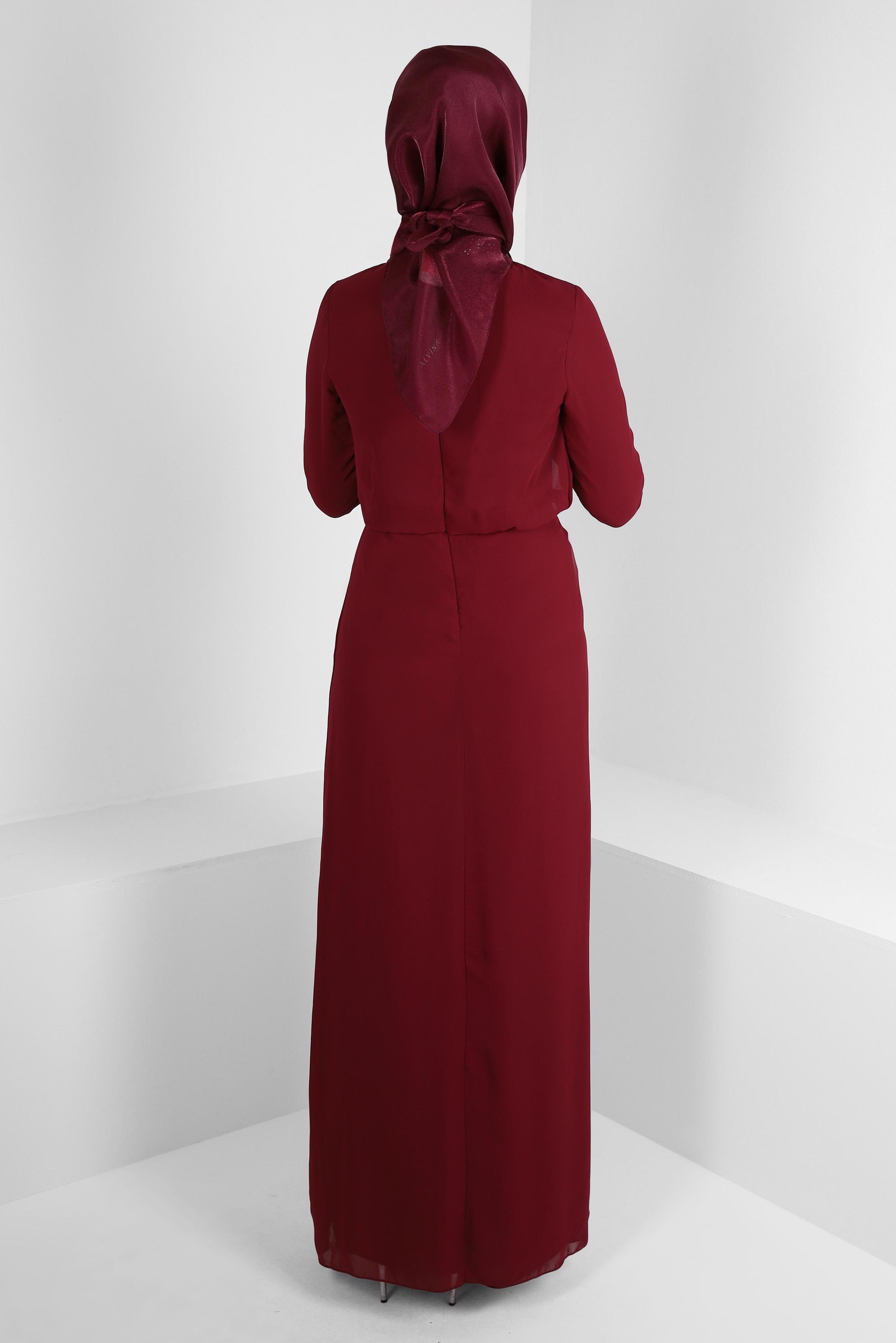 Tesettür giyim BORDO TAŞ İŞLEMELİ ŞİFON ABİYE ELBİSE 50388