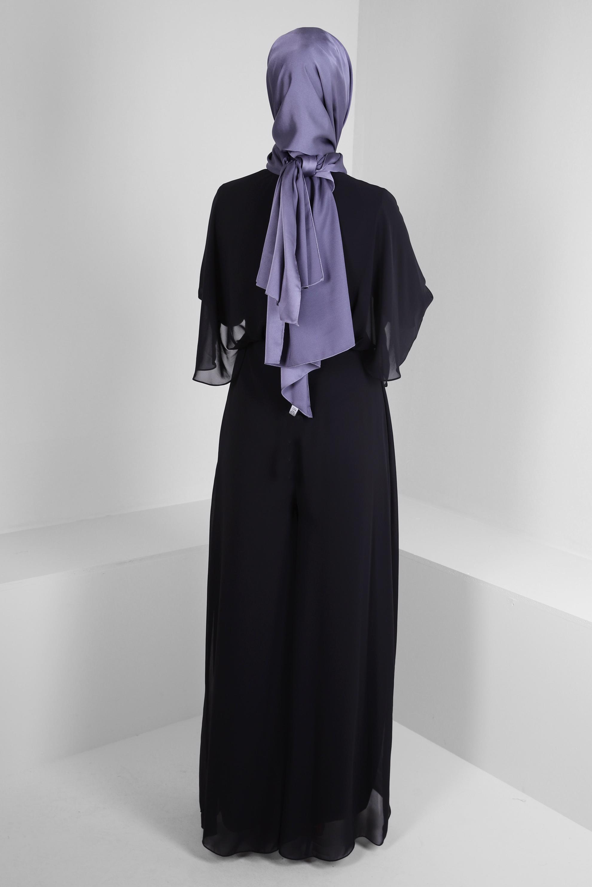 Tesettür giyim SİYAH İŞLEME DETAYLI ŞİFON GENİŞ PAÇA ABİYE TULUM 50390