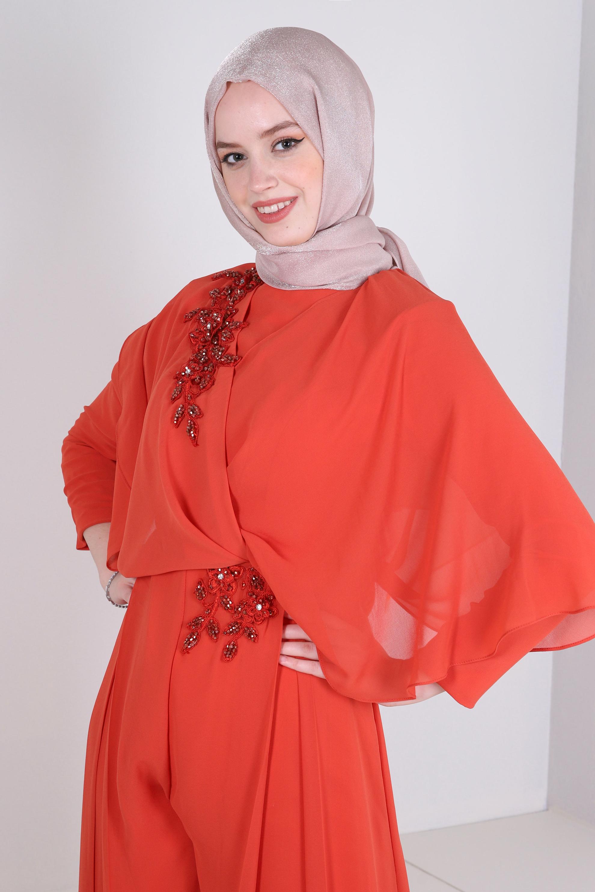 Tesettür giyim TURUNCU İŞLEME DETAYLI ŞİFON GENİŞ PAÇA ABİYE TULUM 50390