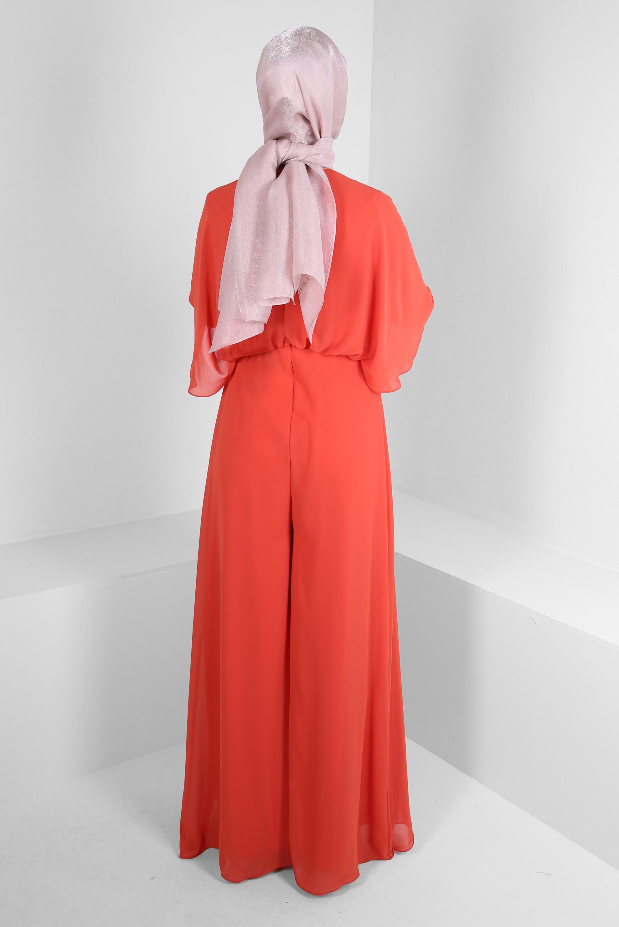 Tesettür giyim TURUNCU İŞLEME DETAYLI ŞİFON GENİŞ PAÇA ABİYE TULUM 50390