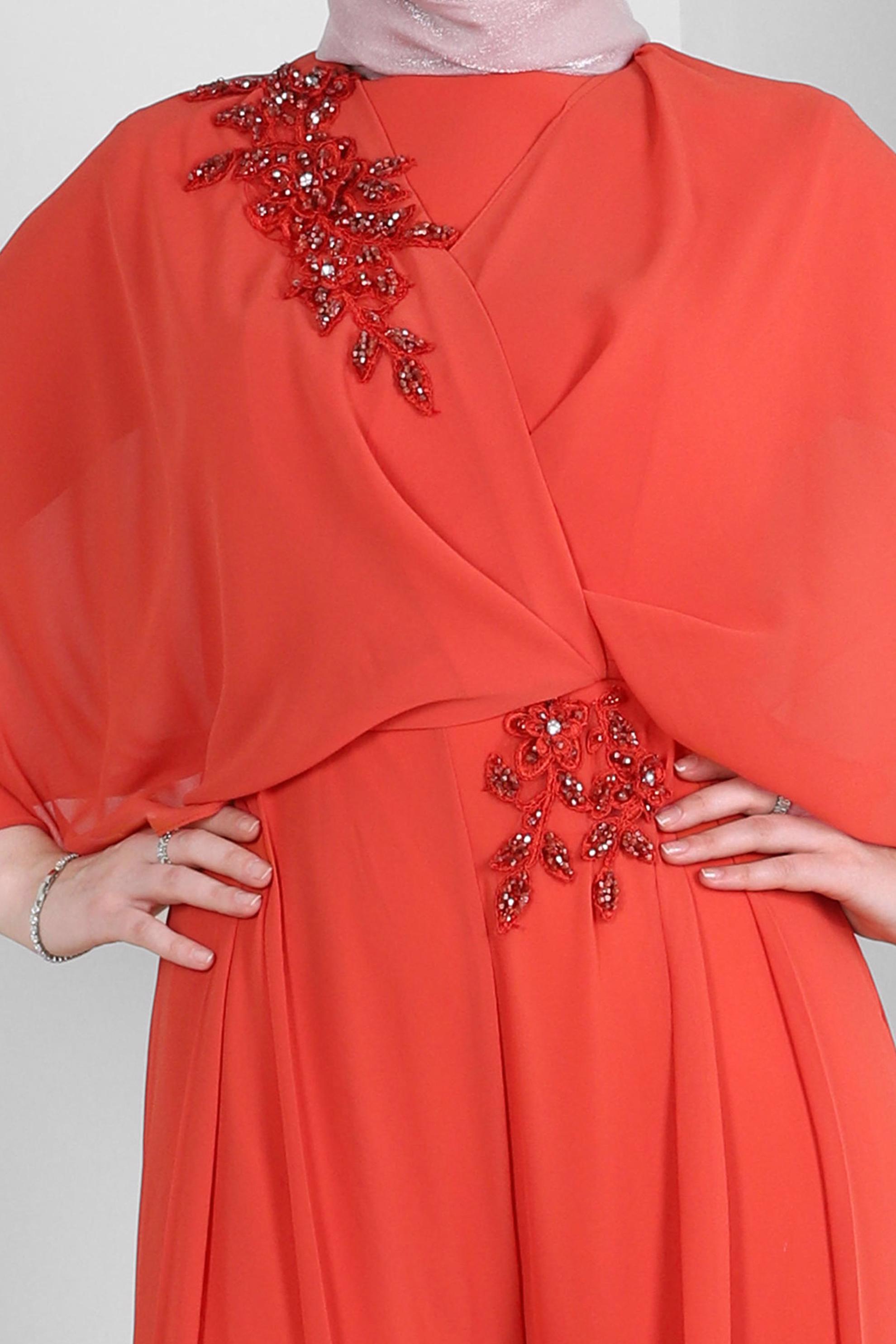 Tesettür giyim TURUNCU İŞLEME DETAYLI ŞİFON GENİŞ PAÇA ABİYE TULUM 50390