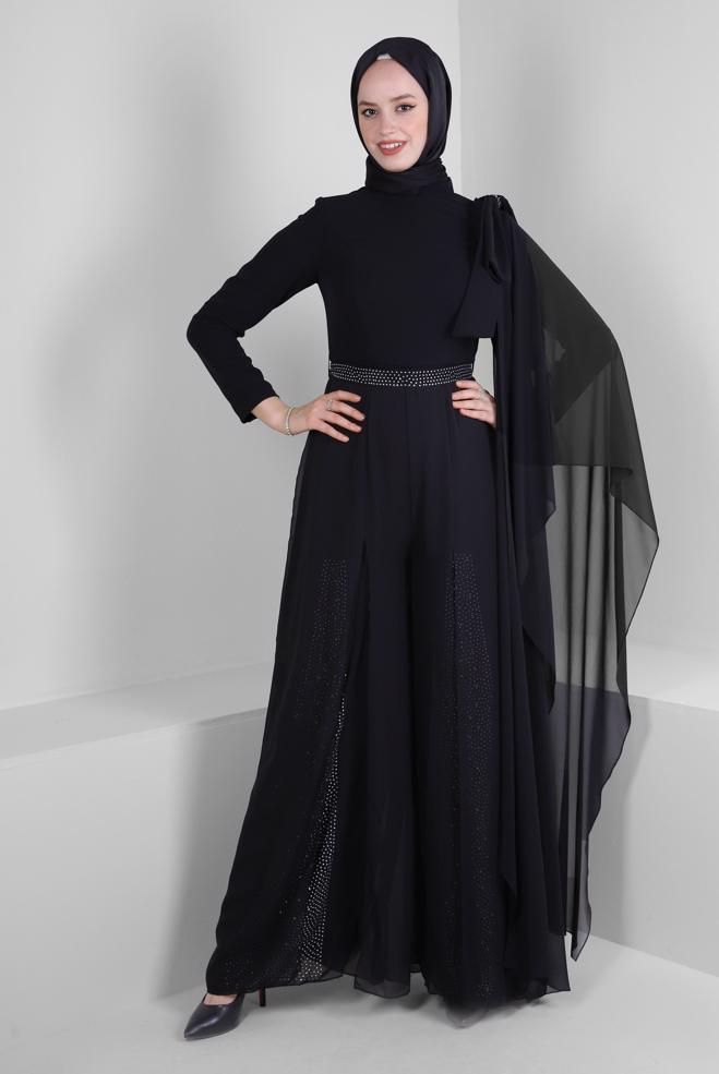 Tesettür giyim  TAŞ İŞLEMELİ ŞİFON ABİYE TULUM 50392 - ALVİNA