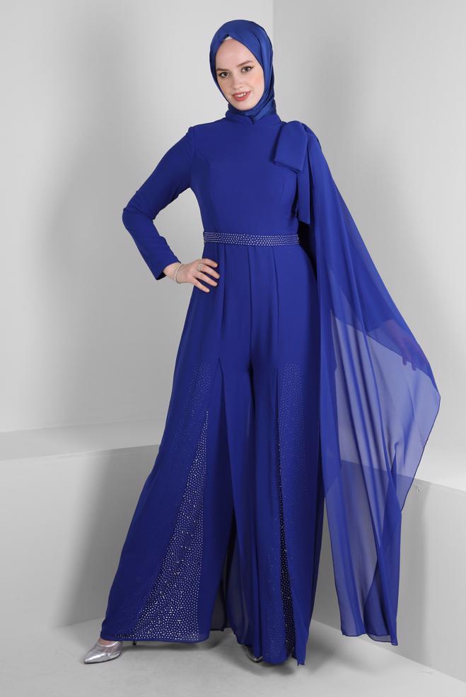 Vêtements hijab BLEU MARINE SALOPETTE DE SOIRÉE EN MOUSSELINE BRODÉE DE GEMMES 50392 - ALVİNA