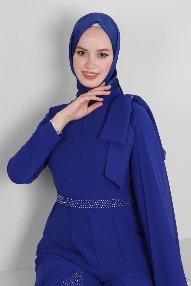 Vêtements hijab BLEU MARINE SALOPETTE DE SOIRÉE EN MOUSSELINE BRODÉE DE GEMMES 50392 - ALVİNA