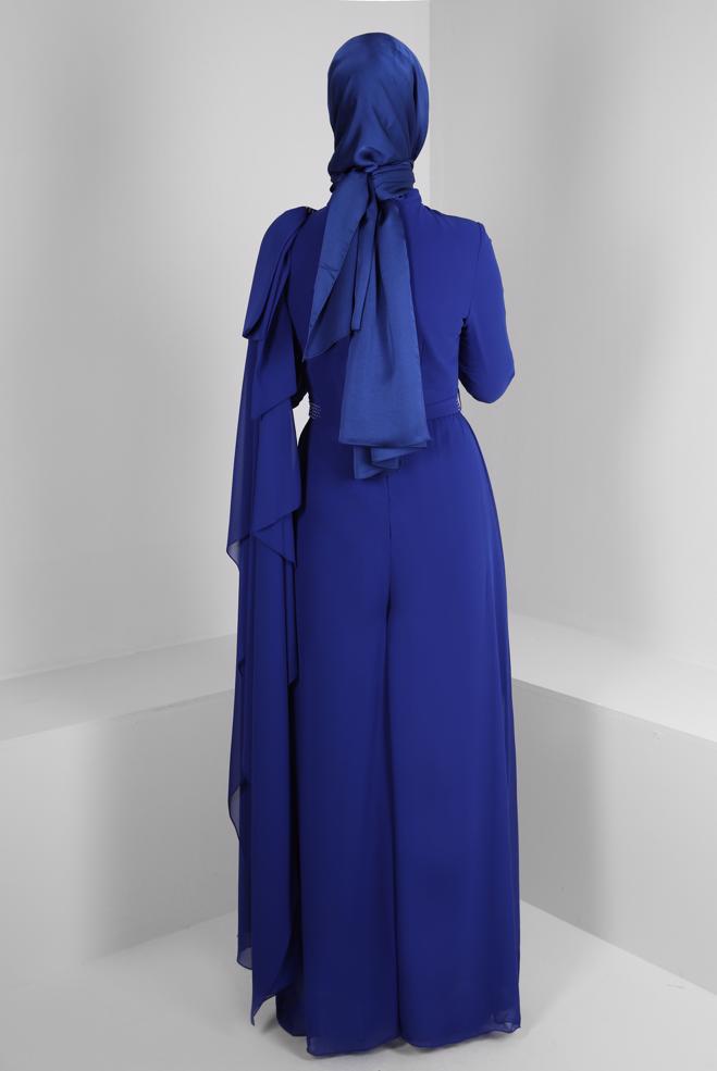 Vêtements hijab BLEU MARINE SALOPETTE DE SOIRÉE EN MOUSSELINE BRODÉE DE GEMMES 50392 - ALVİNA