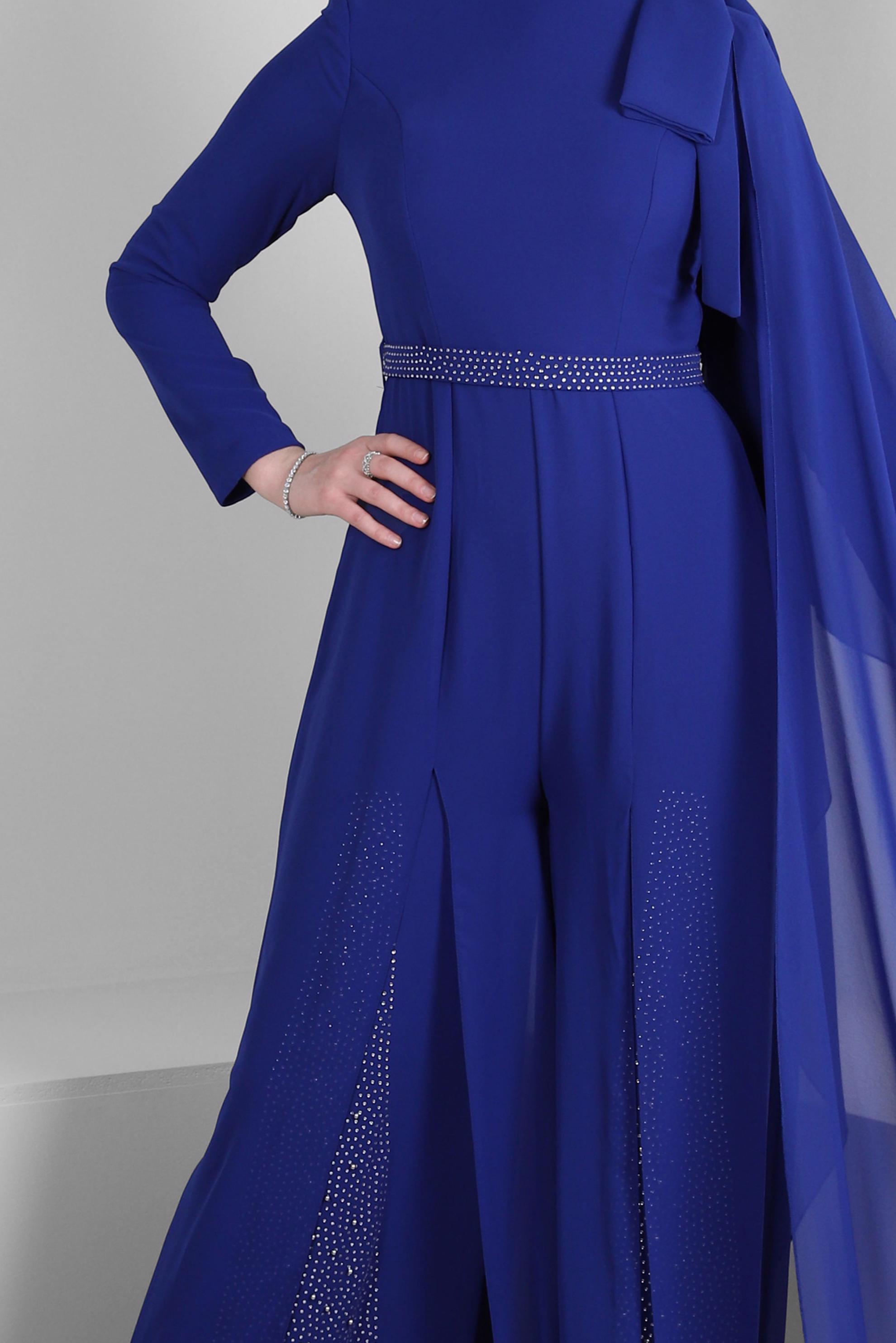 Hijab clothing NAVY BLUE GEM EMBROIDERED CHIFFON EVENING OVERALLS 50392