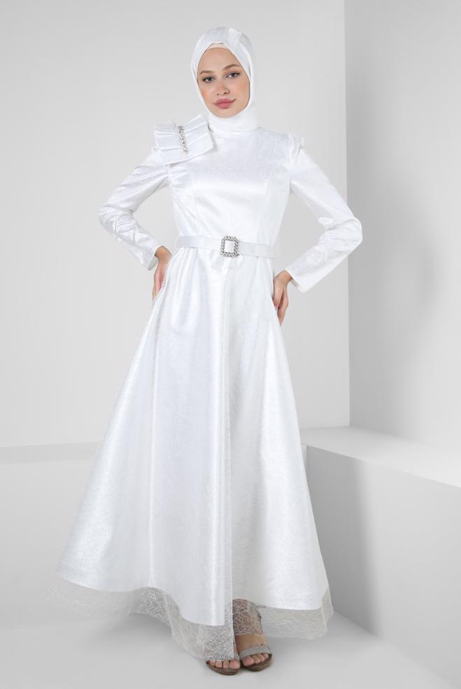 Vêtements hijab BLANC ROBE DE SOIRÉE DÉTAIL ÉPAULE AVEC DENTELLE PAILLETTE 50395 - ALVİNA