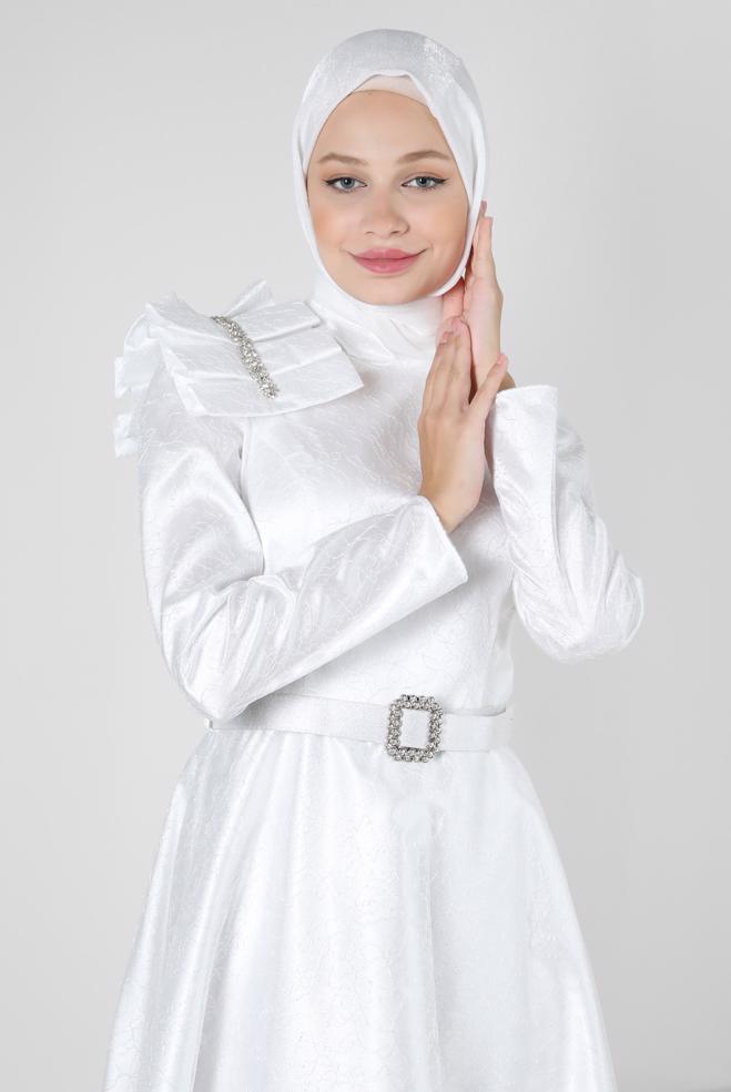 Vêtements hijab BLANC ROBE DE SOIRÉE DÉTAIL ÉPAULE AVEC DENTELLE PAILLETTE 50395 - ALVİNA