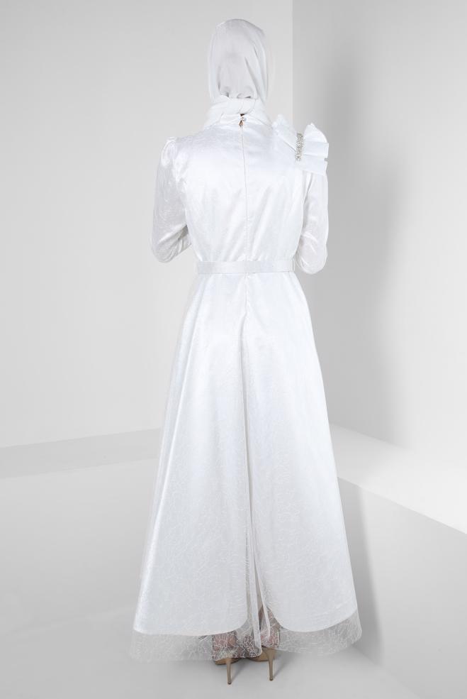 Vêtements hijab BLANC ROBE DE SOIRÉE DÉTAIL ÉPAULE AVEC DENTELLE PAILLETTE 50395 - ALVİNA