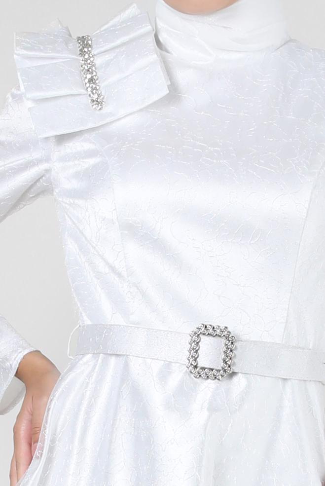 Vêtements hijab BLANC ROBE DE SOIRÉE DÉTAIL ÉPAULE AVEC DENTELLE PAILLETTE 50395 - ALVİNA