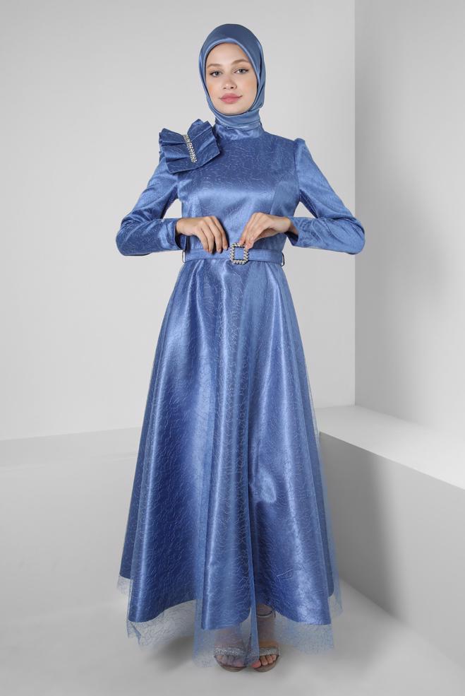 Vêtements hijab BLEU ROBE DE SOIRÉE DÉTAIL ÉPAULE AVEC DENTELLE PAILLETTE 50395 - ALVİNA