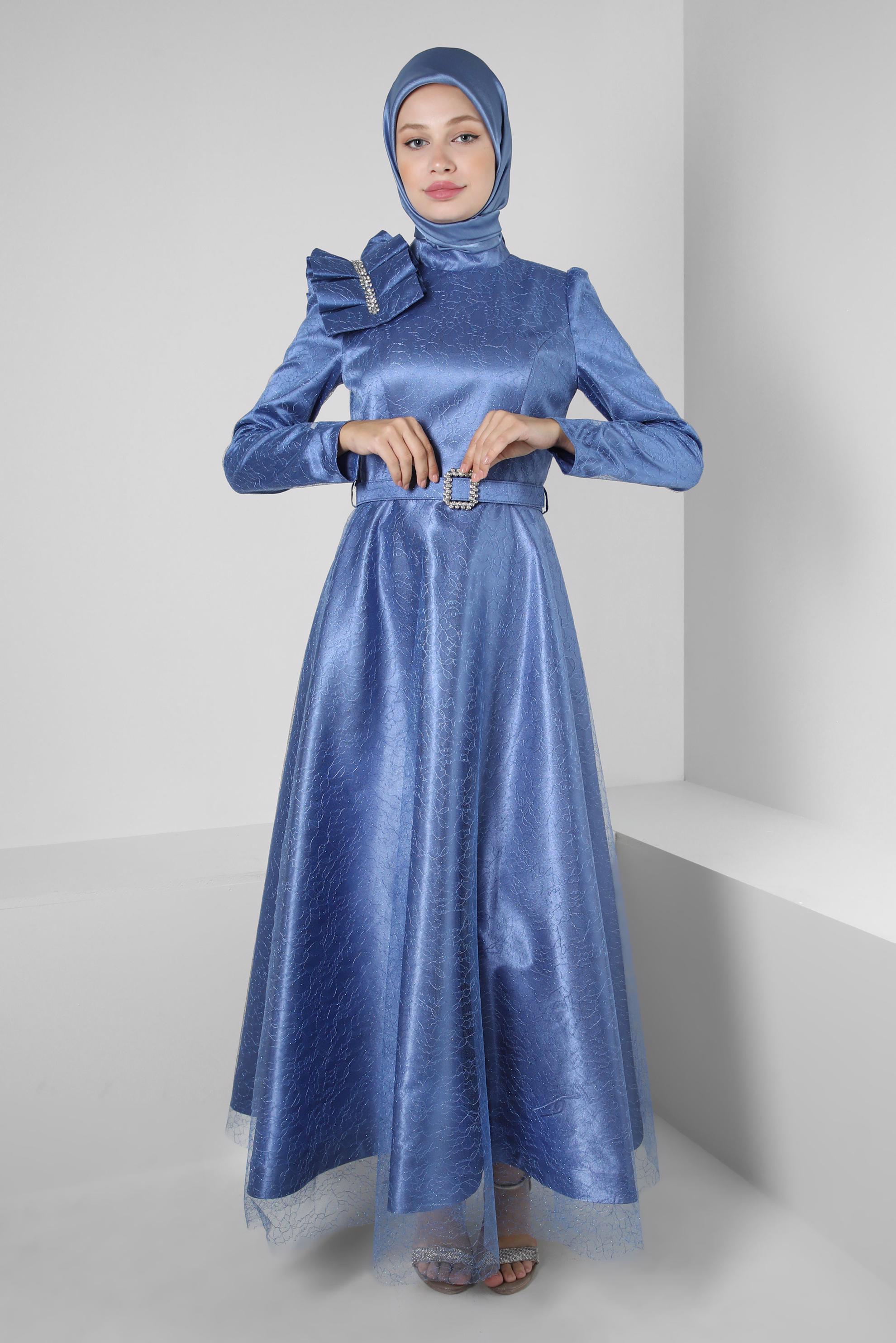 Vêtements hijab BLEU ROBE DE SOIRÉE DÉTAIL ÉPAULE AVEC DENTELLE PAILLETTE 50395