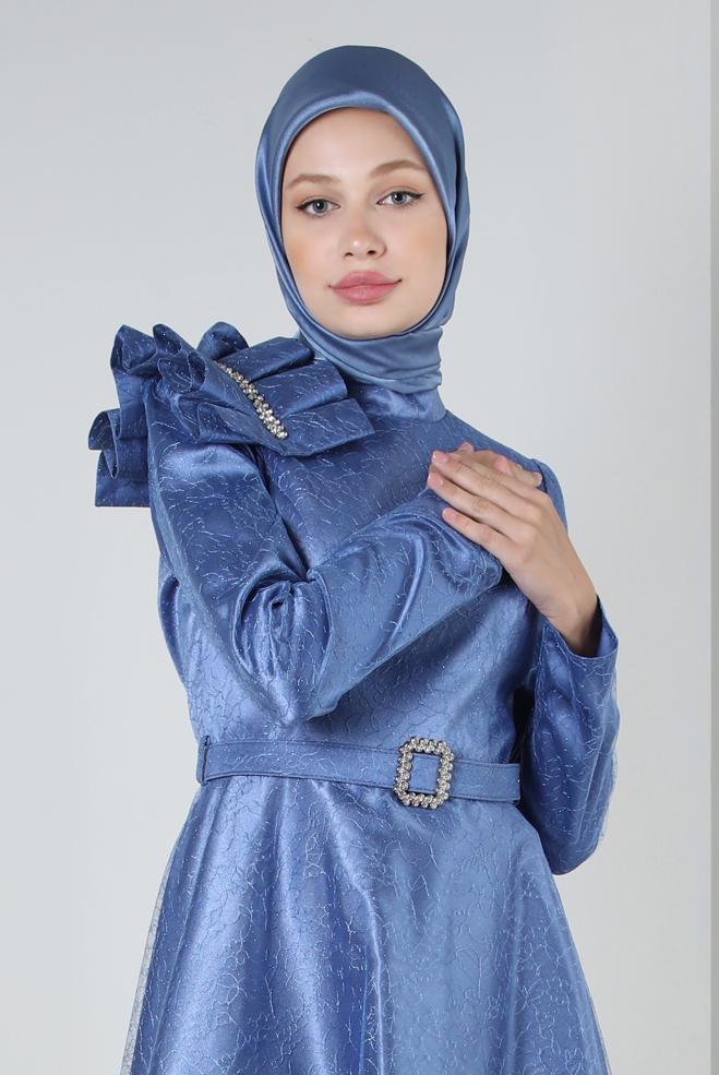 Vêtements hijab BLEU ROBE DE SOIRÉE DÉTAIL ÉPAULE AVEC DENTELLE PAILLETTE 50395 - ALVİNA