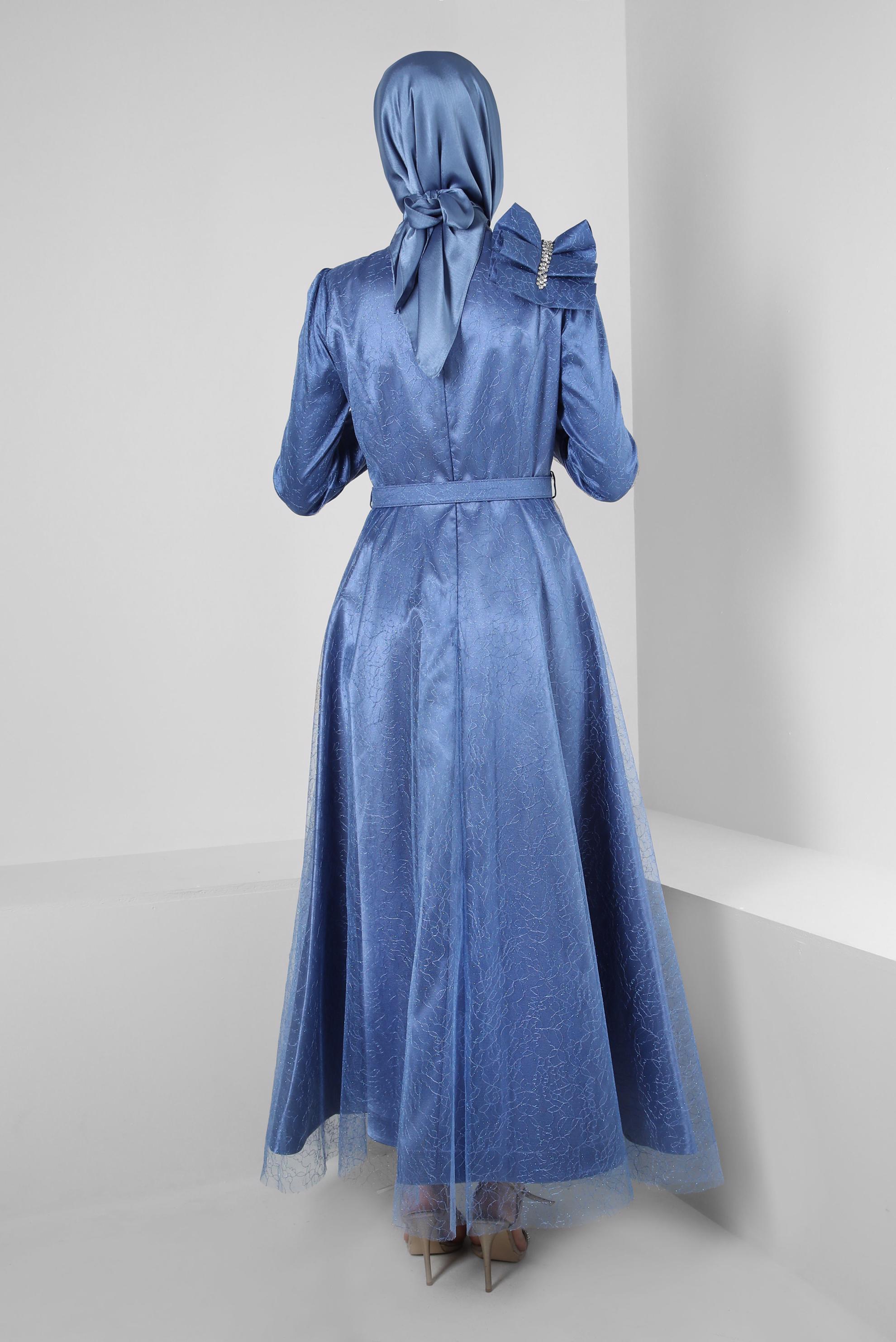 Vêtements hijab BLEU ROBE DE SOIRÉE DÉTAIL ÉPAULE AVEC DENTELLE PAILLETTE 50395