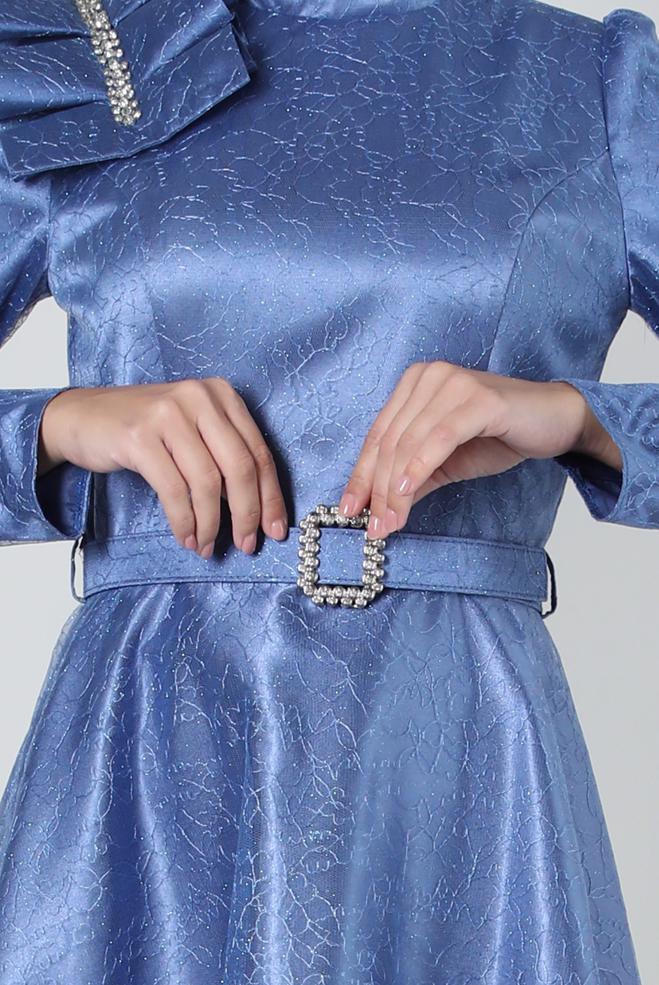 Vêtements hijab BLEU ROBE DE SOIRÉE DÉTAIL ÉPAULE AVEC DENTELLE PAILLETTE 50395 - ALVİNA