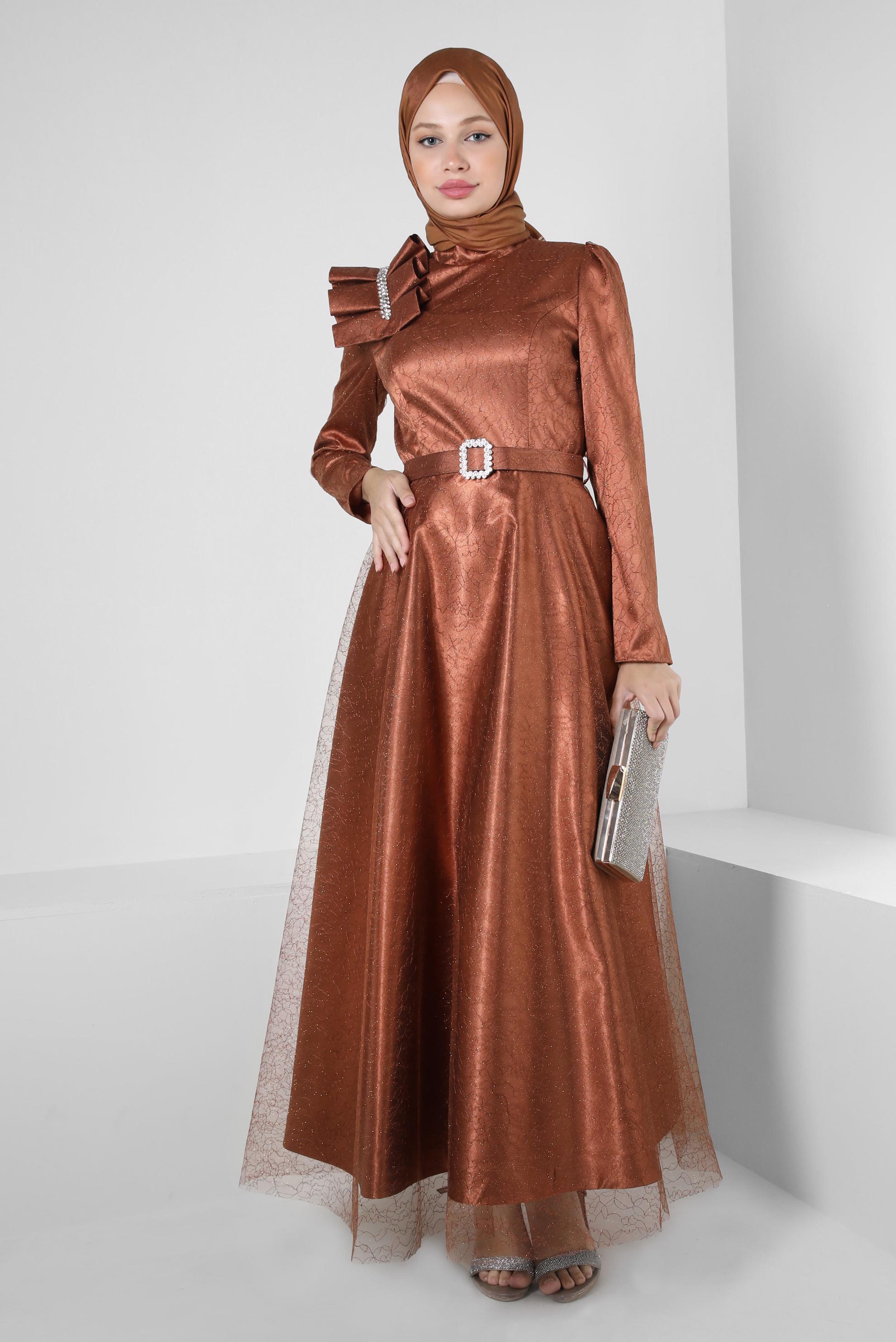 Vêtements hijab CUIVRE / BRONZE ROBE DE SOIRÉE DÉTAIL ÉPAULE AVEC DENTELLE PAILLETTE 50395