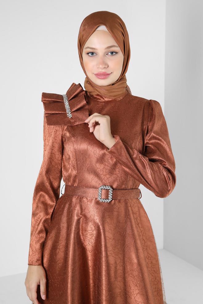 Vêtements hijab CUIVRE / BRONZE ROBE DE SOIRÉE DÉTAIL ÉPAULE AVEC DENTELLE PAILLETTE 50395 - ALVİNA