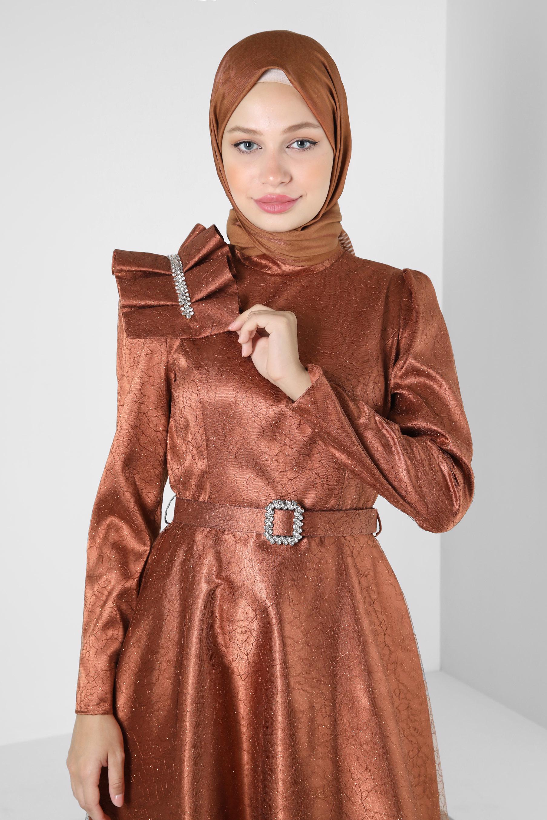 Vêtements hijab CUIVRE / BRONZE ROBE DE SOIRÉE DÉTAIL ÉPAULE AVEC DENTELLE PAILLETTE 50395