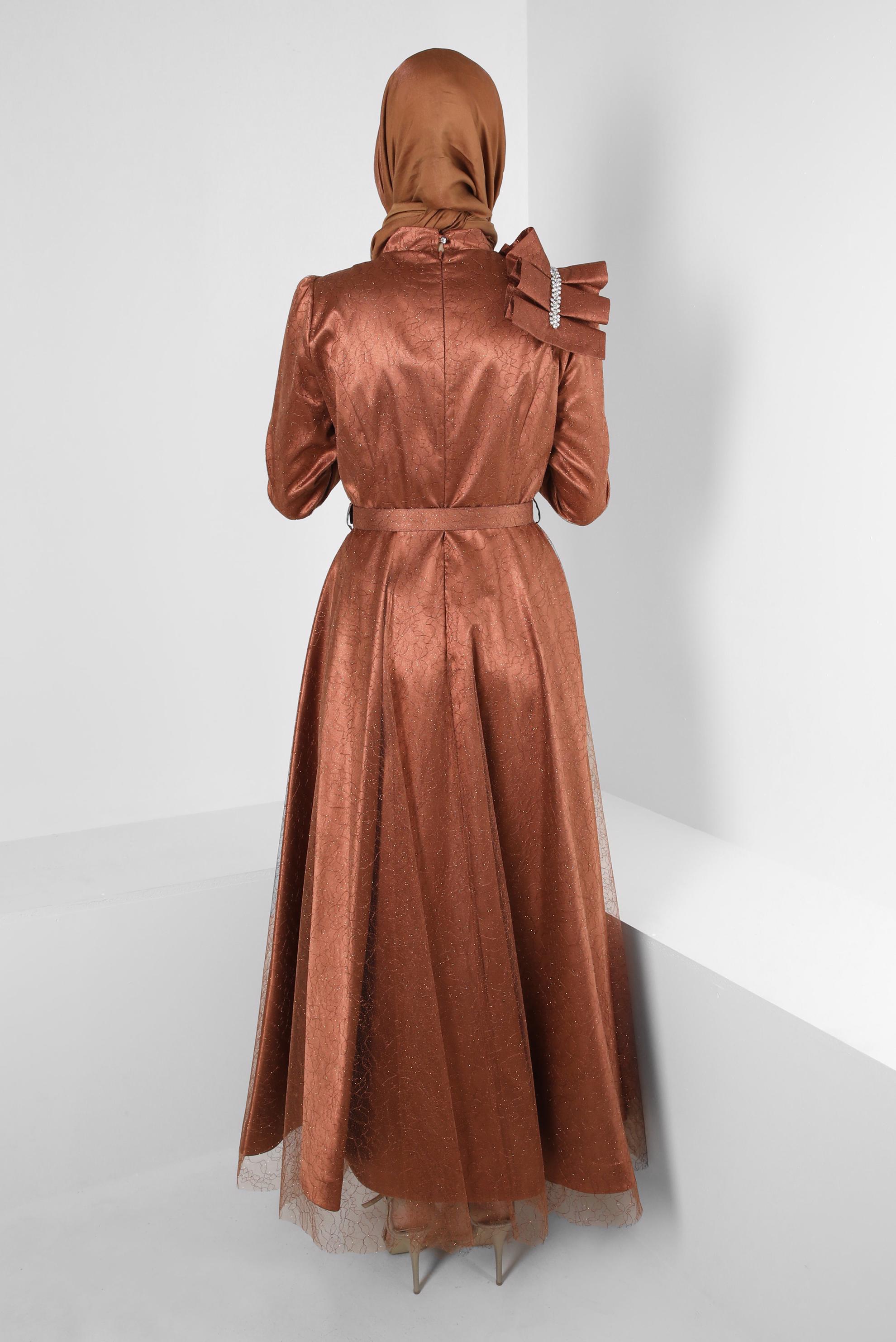 Vêtements hijab CUIVRE / BRONZE ROBE DE SOIRÉE DÉTAIL ÉPAULE AVEC DENTELLE PAILLETTE 50395