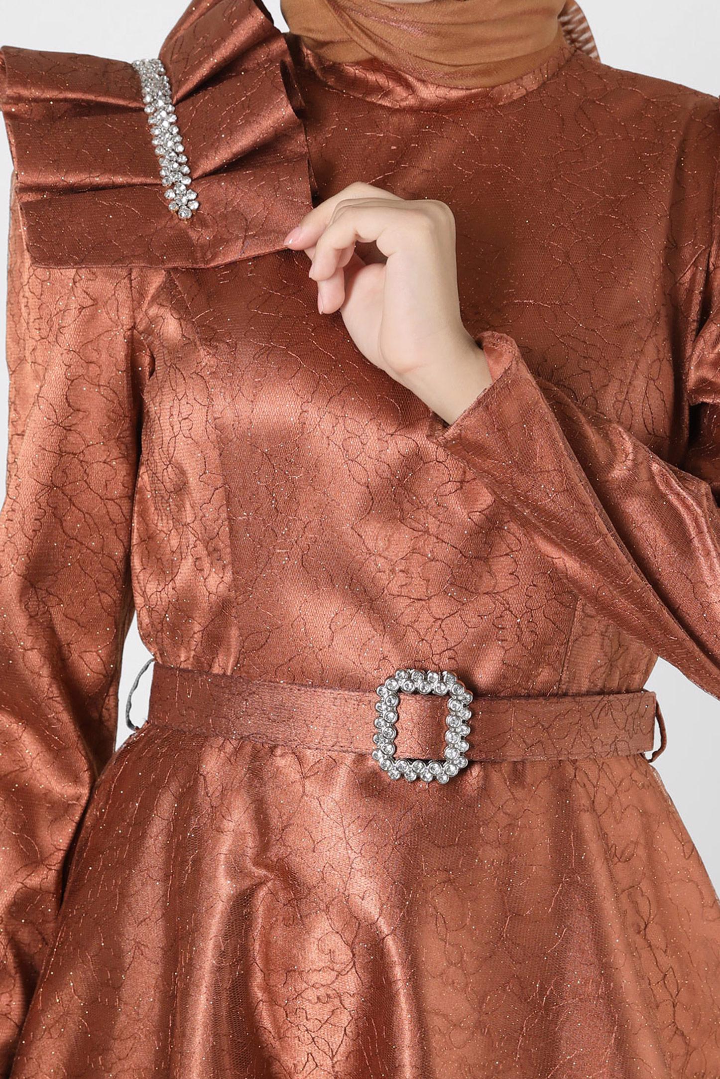 Vêtements hijab CUIVRE / BRONZE ROBE DE SOIRÉE DÉTAIL ÉPAULE AVEC DENTELLE PAILLETTE 50395