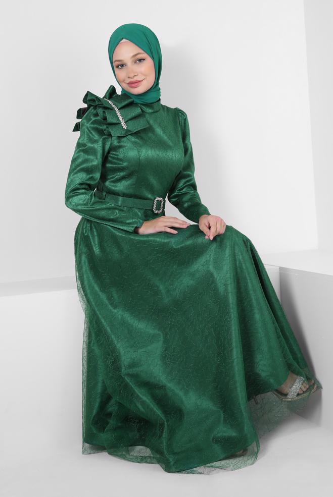 Vêtements hijab VERT ROBE DE SOIRÉE DÉTAIL ÉPAULE AVEC DENTELLE PAILLETTE 50395 - ALVİNA