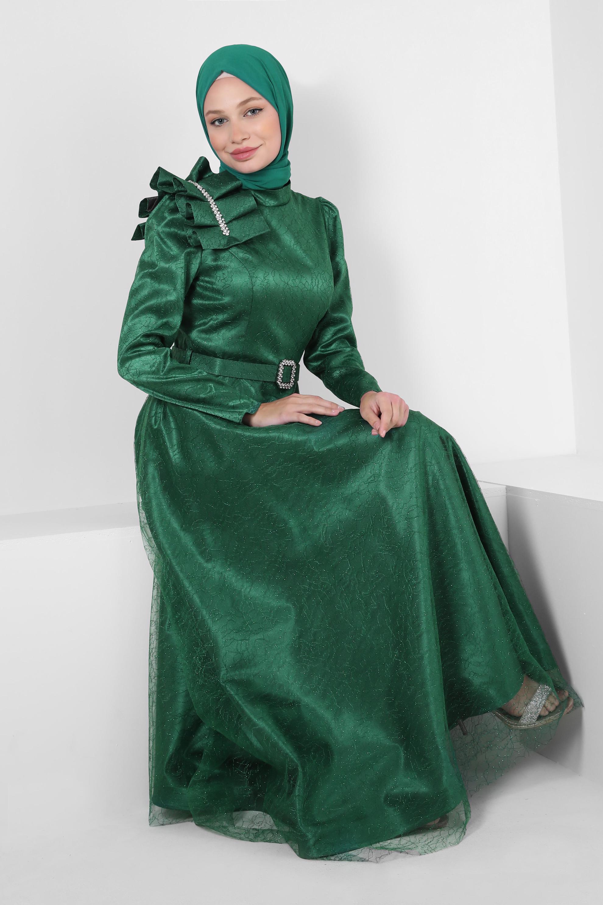 Vêtements hijab VERT ROBE DE SOIRÉE DÉTAIL ÉPAULE AVEC DENTELLE PAILLETTE 50395