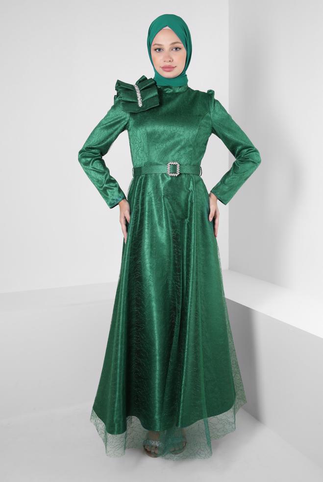 Vêtements hijab VERT ROBE DE SOIRÉE DÉTAIL ÉPAULE AVEC DENTELLE PAILLETTE 50395 - ALVİNA