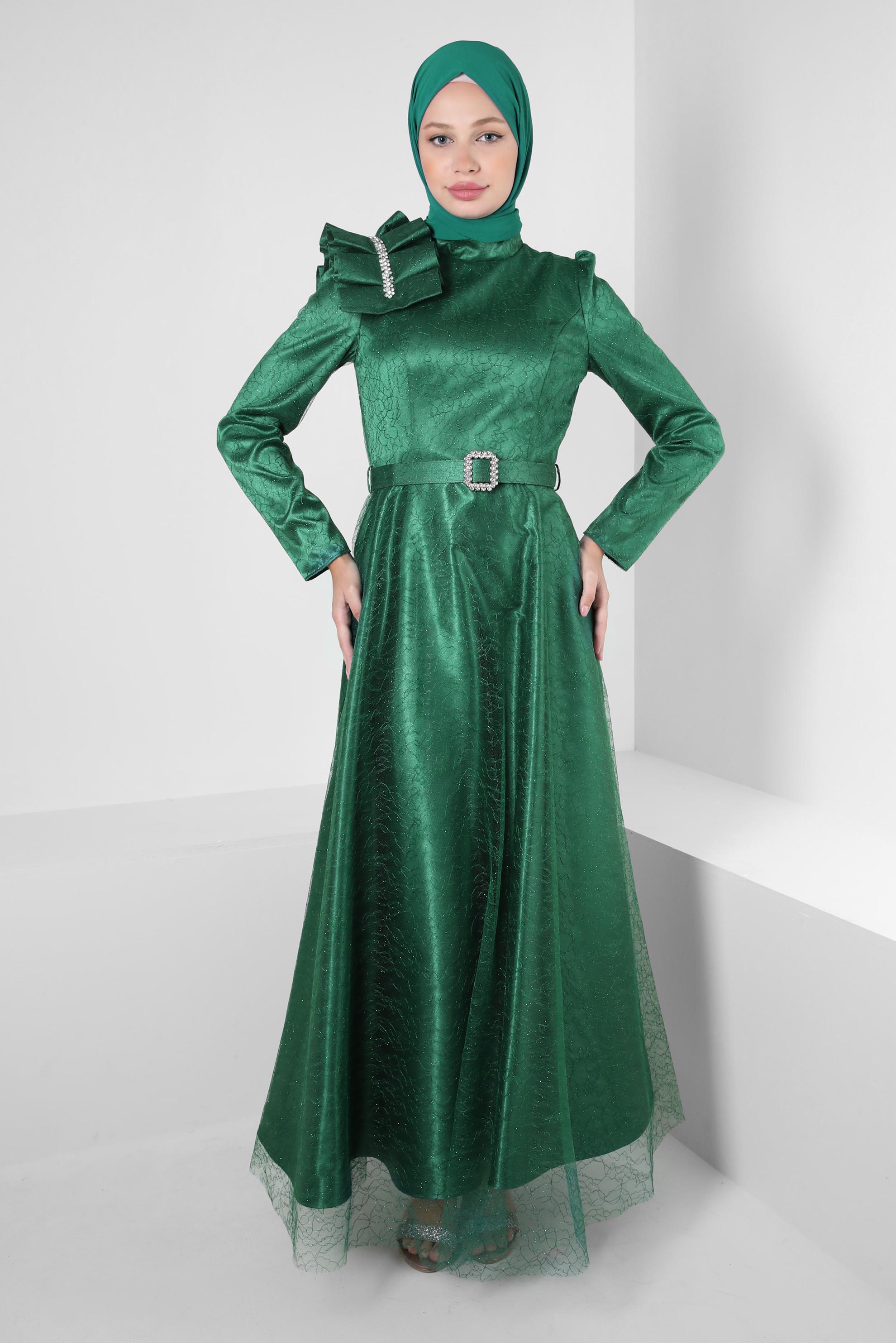 Vêtements hijab VERT ROBE DE SOIRÉE DÉTAIL ÉPAULE AVEC DENTELLE PAILLETTE 50395