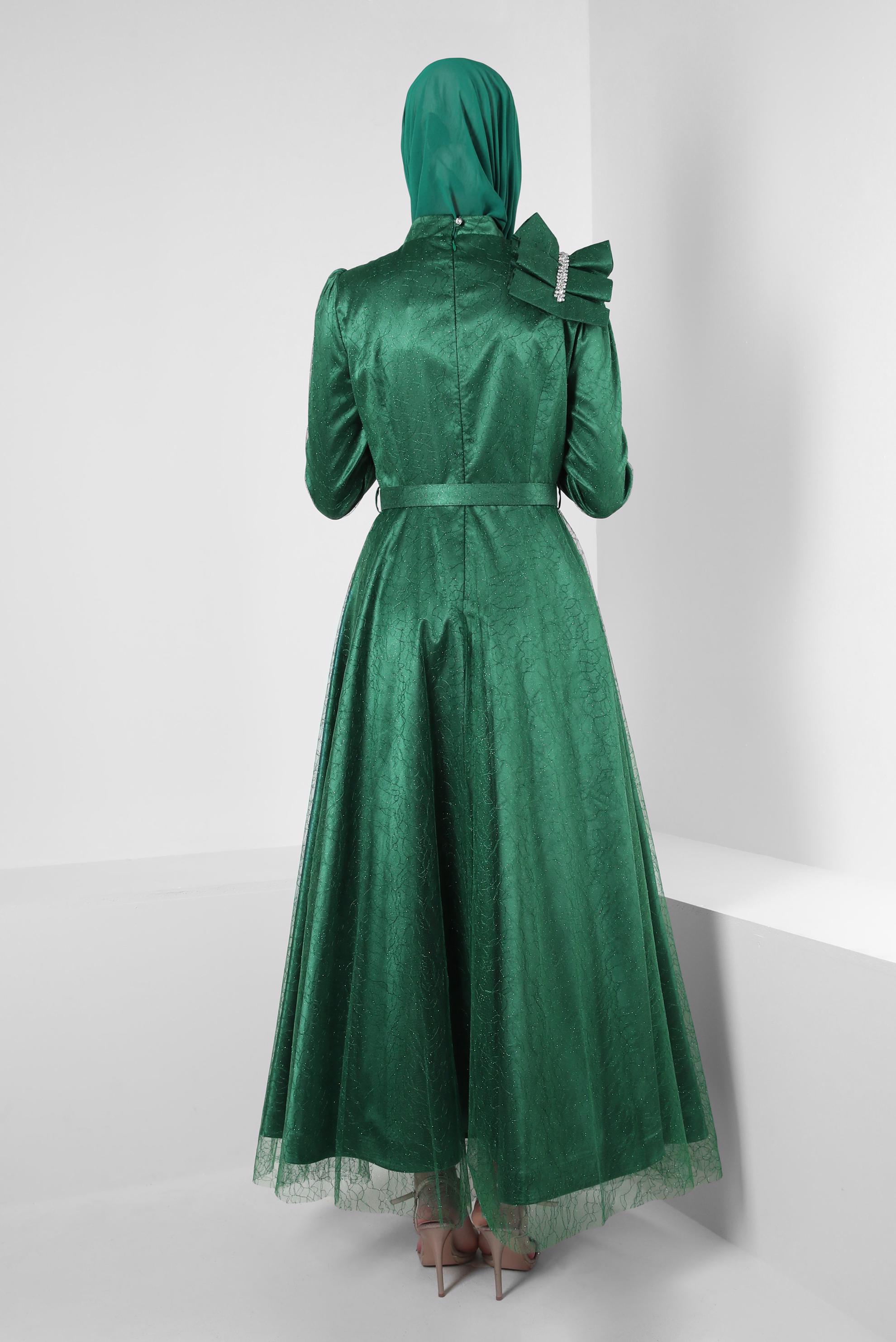 Vêtements hijab VERT ROBE DE SOIRÉE DÉTAIL ÉPAULE AVEC DENTELLE PAILLETTE 50395