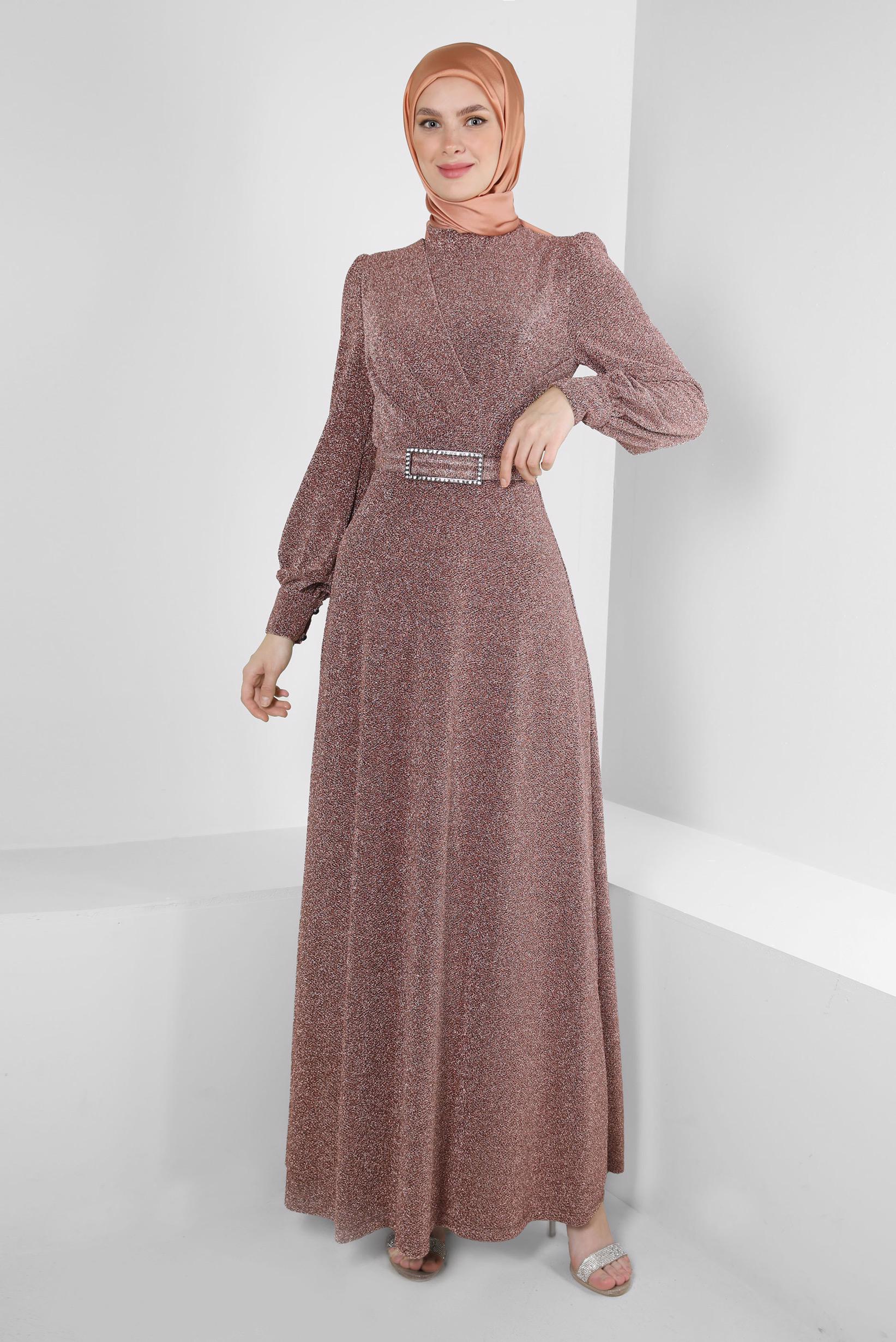 Tesettür giyim PUDRA KEMERLİ SİMLİ ABİYE ELBİSE 50396