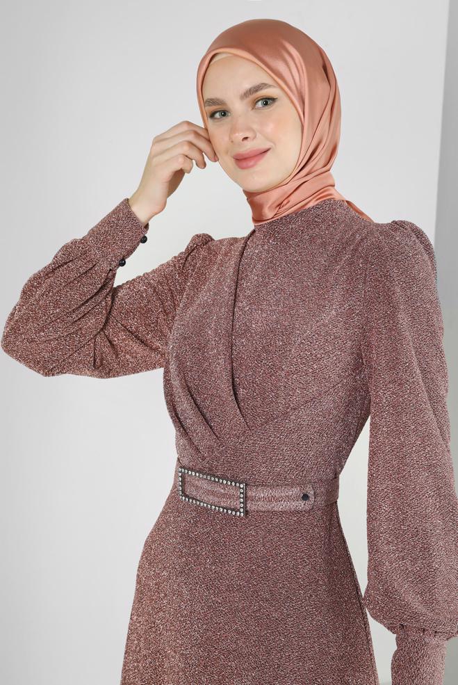 Hijab-Kleidung PULVER KEMERLİ SİMLİ ABİYE ELBİSE 50396 - ALVİNA