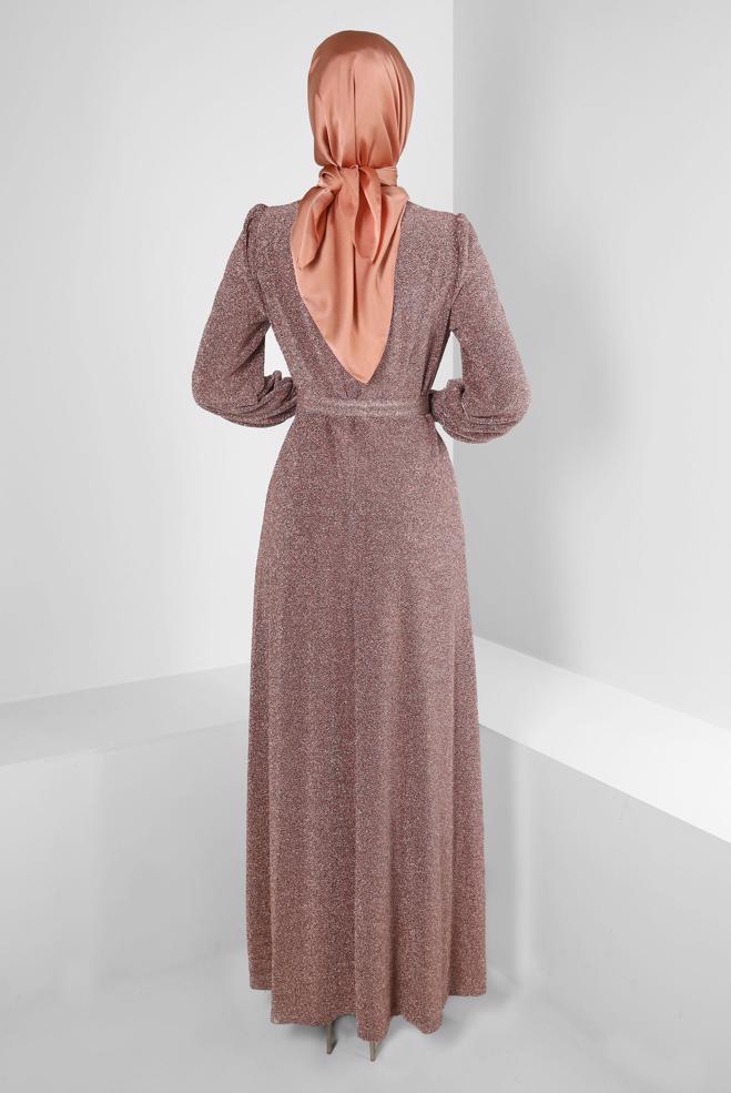 Hijab-Kleidung PULVER KEMERLİ SİMLİ ABİYE ELBİSE 50396 - ALVİNA