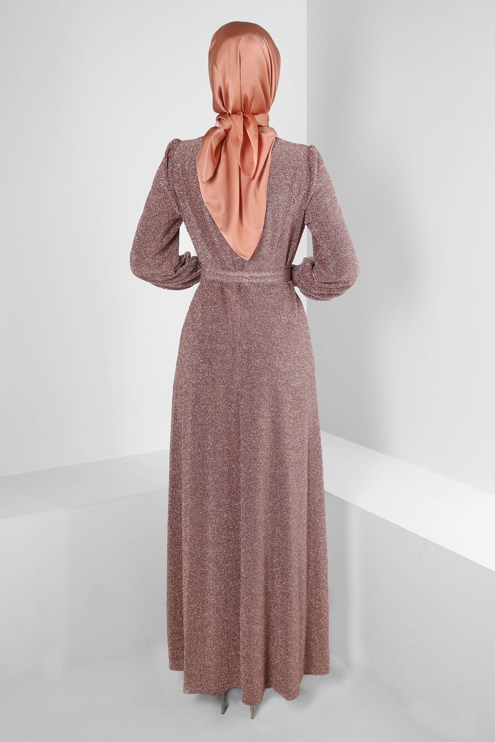 Tesettür giyim PUDRA KEMERLİ SİMLİ ABİYE ELBİSE 50396