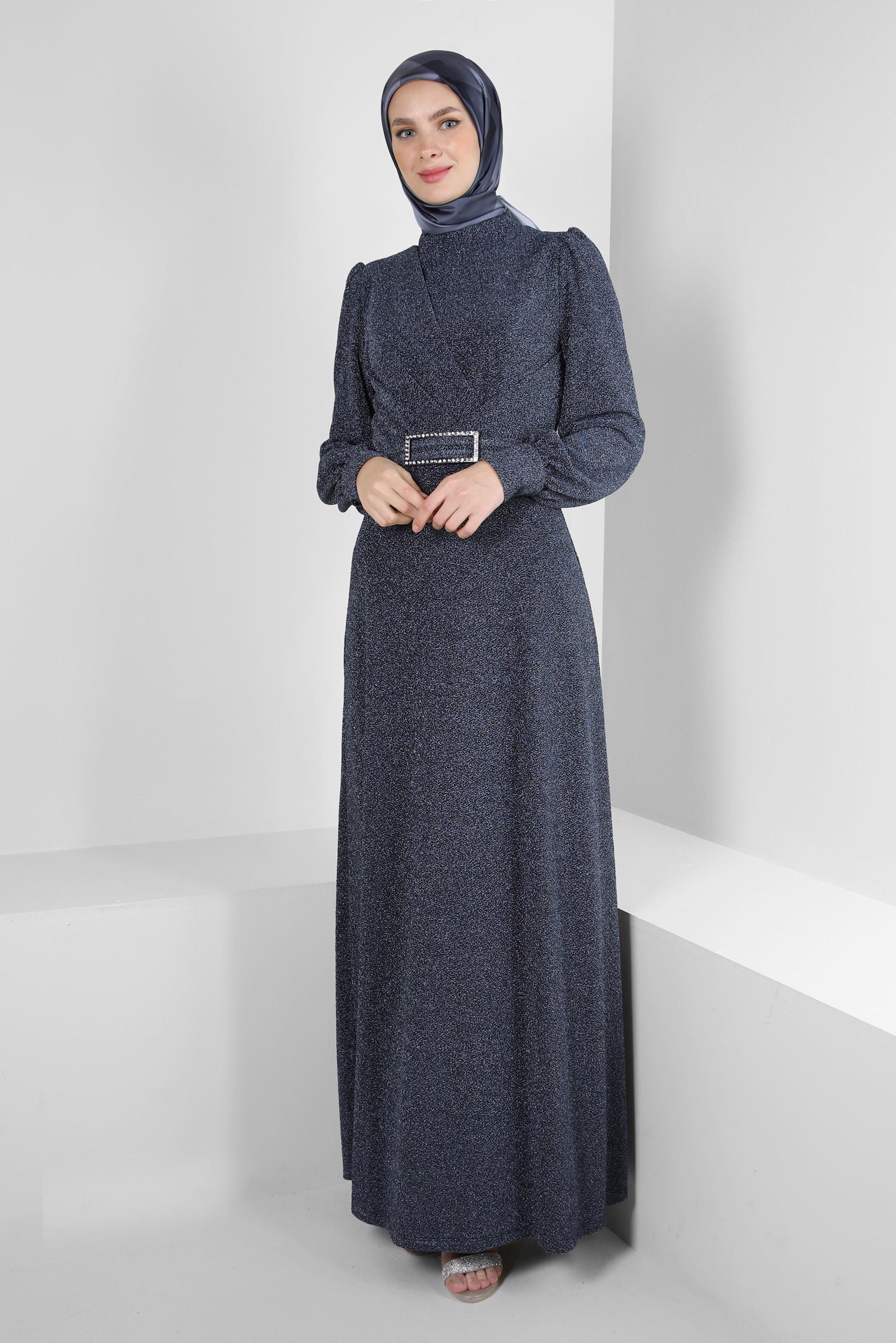 Tesettür giyim LACİVERT KEMERLİ SİMLİ ABİYE ELBİSE 50396