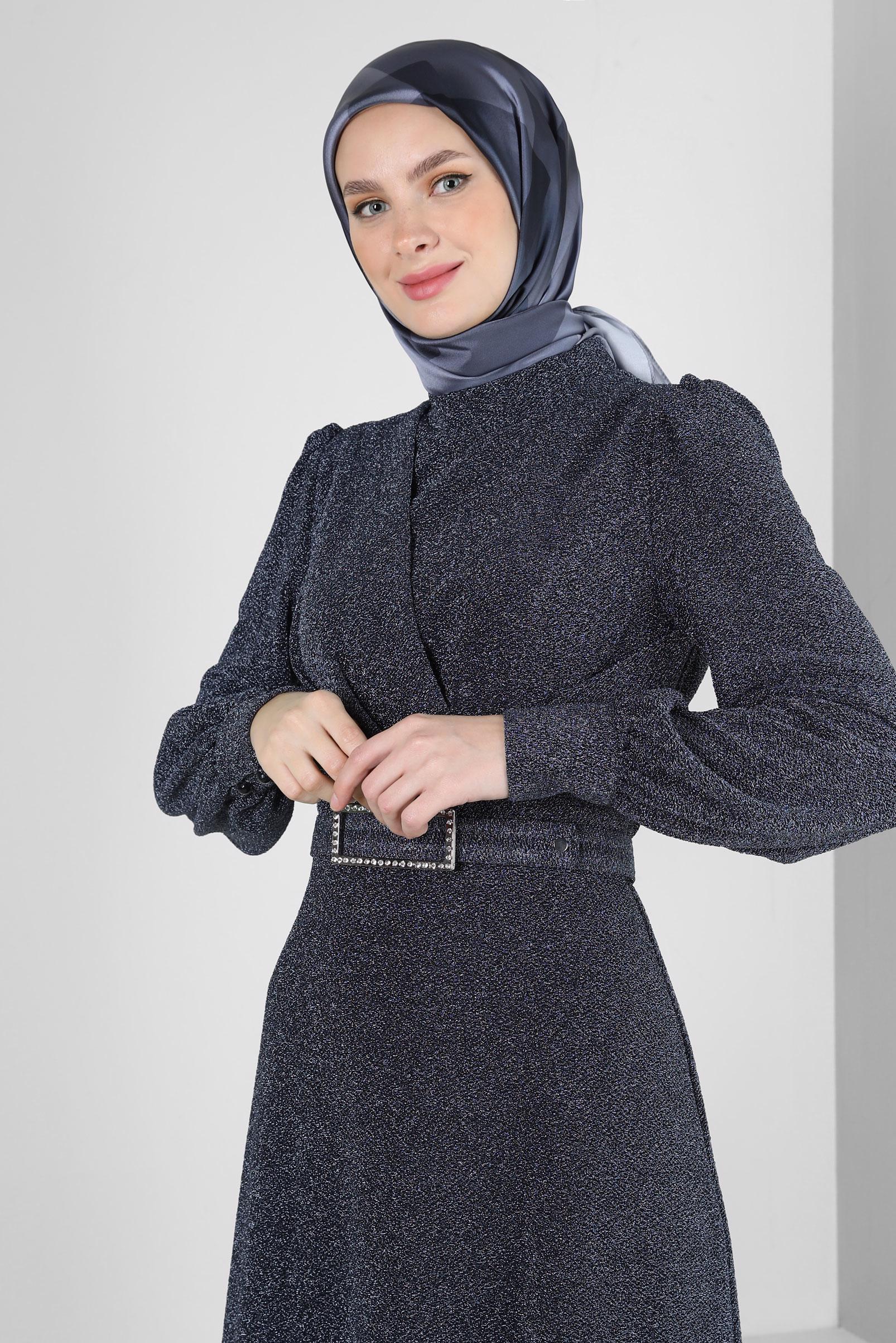 Tesettür giyim LACİVERT KEMERLİ SİMLİ ABİYE ELBİSE 50396