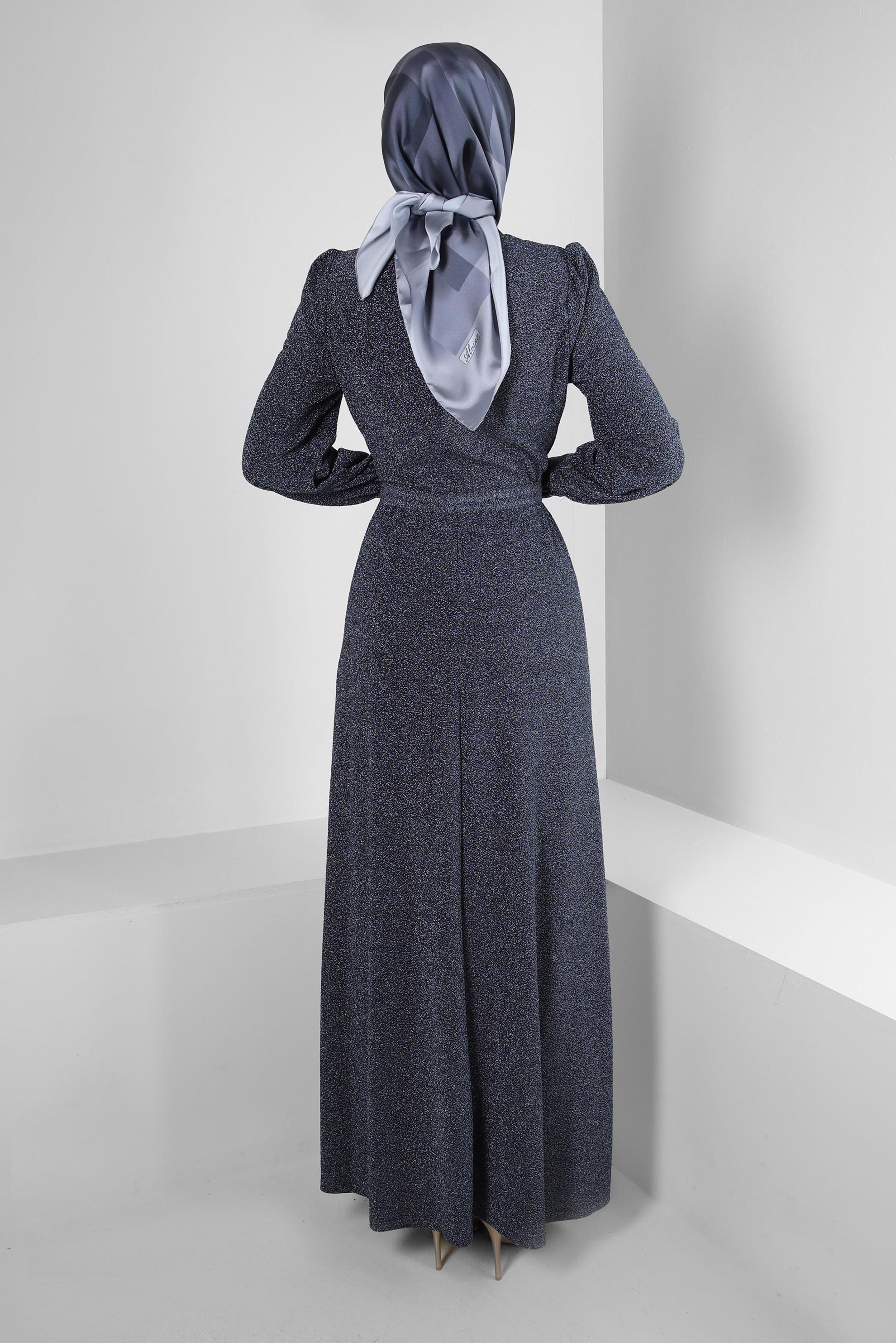 Tesettür giyim LACİVERT KEMERLİ SİMLİ ABİYE ELBİSE 50396