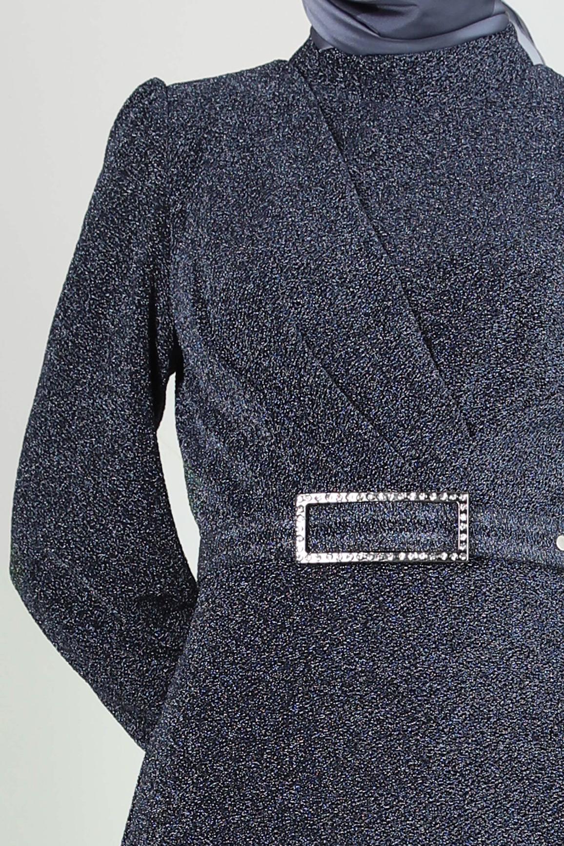 Tesettür giyim LACİVERT KEMERLİ SİMLİ ABİYE ELBİSE 50396