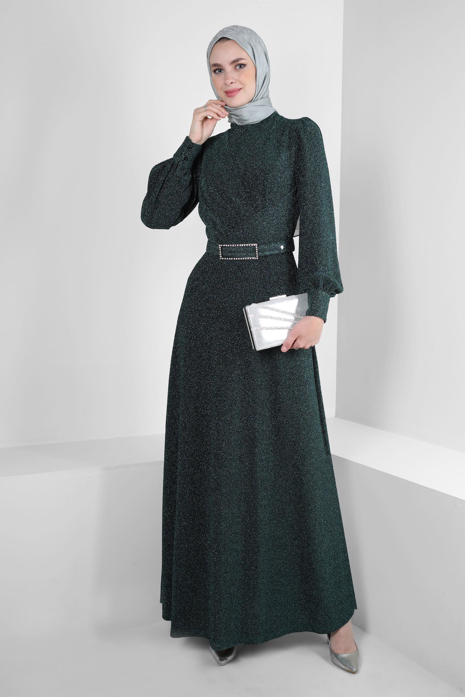 Tesettür giyim YEŞİL KEMERLİ SİMLİ ABİYE ELBİSE 50396